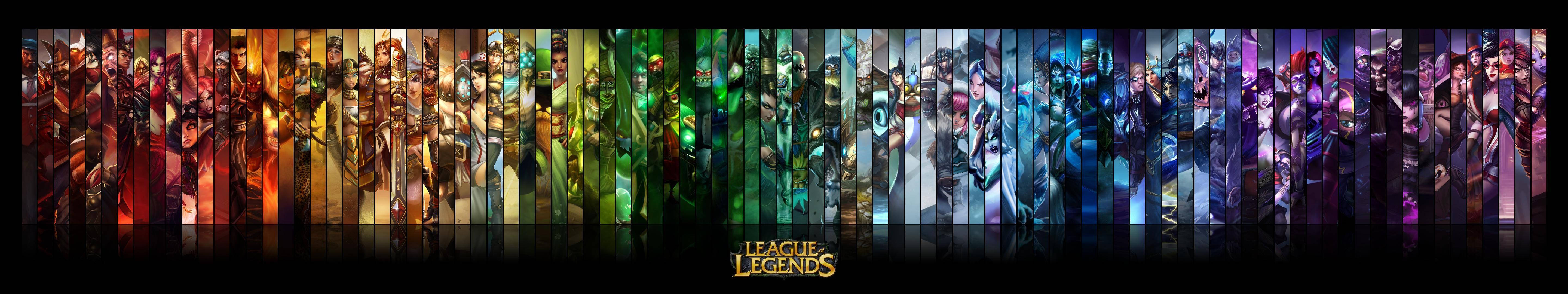 英雄聯盟 桌布 壁紙 — 充滿活力的彩虹條紋壁紙，展示數十位《英雄聯盟》英雄的動態姿勢。