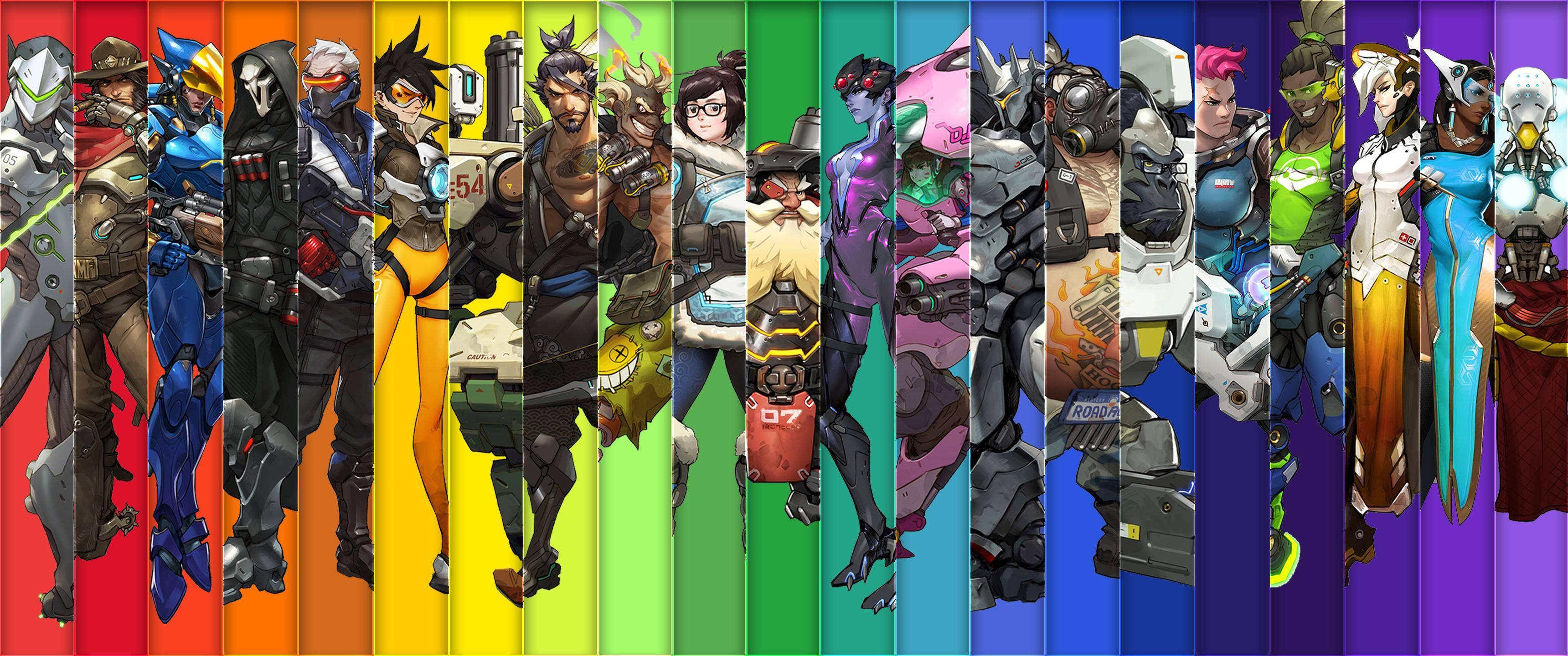 電玩遊戲 桌布 壁紙 — 充滿活力的彩虹條紋排列，Overwatch 英雄全副武裝，英勇地擺出姿勢。