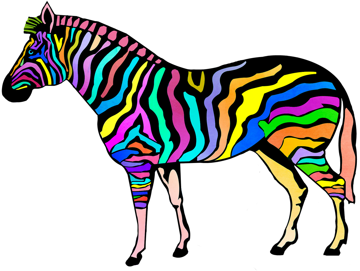 Zebra 桌布 壁紙 — 充滿活力的彩虹條紋斑馬剪影，在純黑背景上大膽矗立。