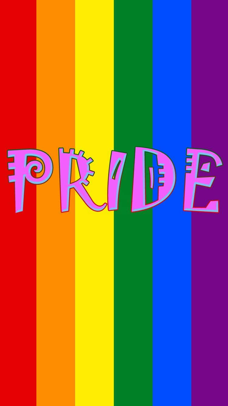 彩虹 桌布 壁紙 — 充滿活力的彩虹條紋為「PRIDE」一詞營造出大膽的背景，採用俏皮的粉紅色字體。