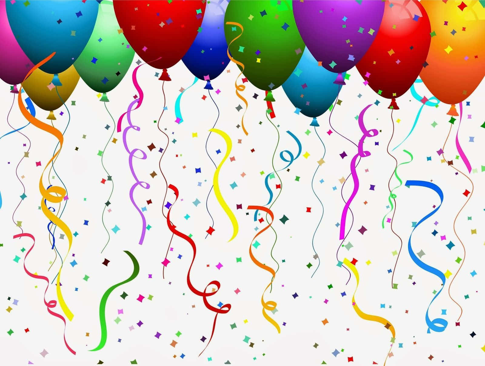 Balloon 桌布 壁紙 — 充滿活力的彩虹氣球，配上色彩繽紛的彩帶和五彩紙屑，在明亮的白色背景上飄浮。