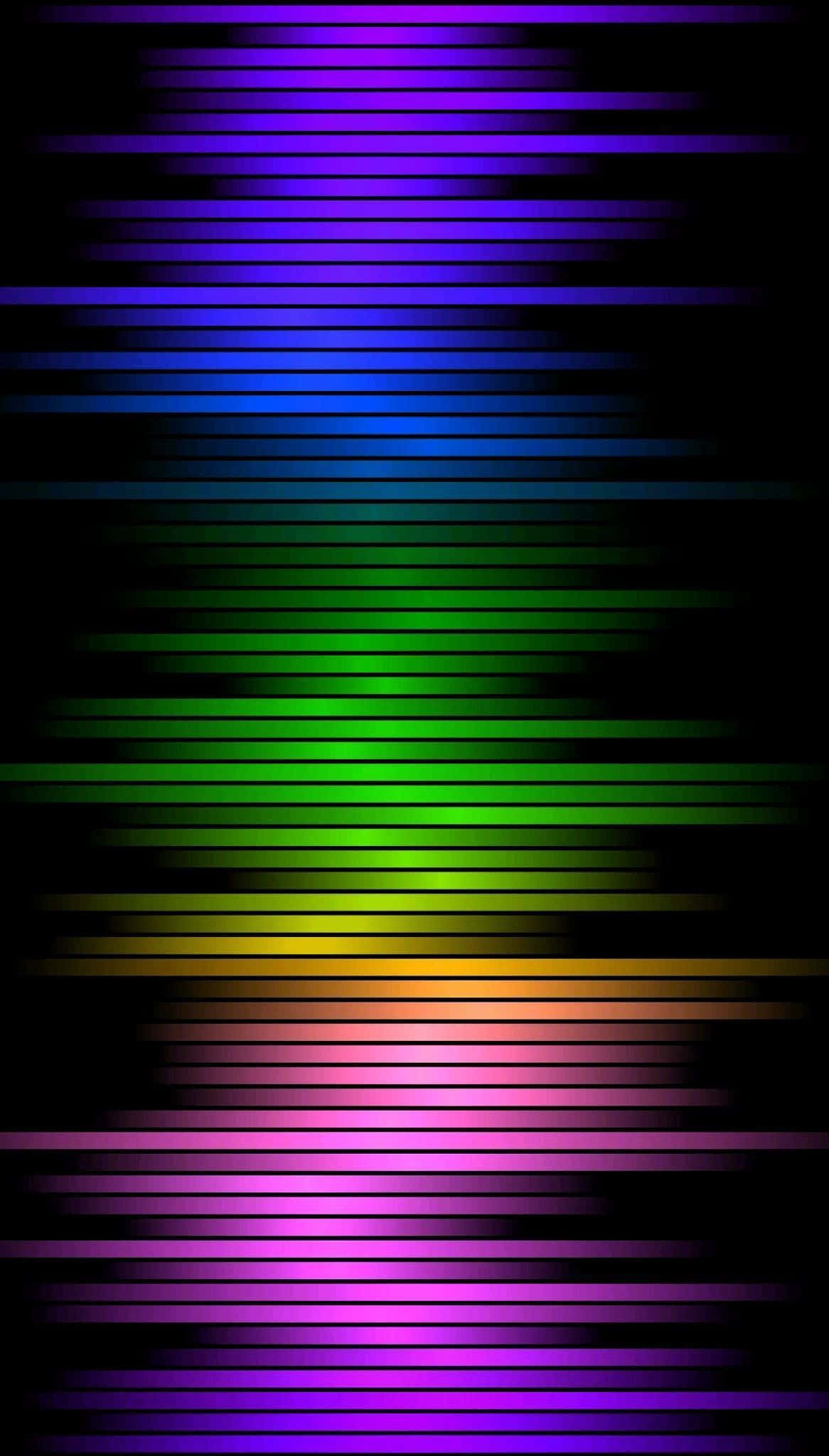 LED 桌布 壁紙 — 充滿活力的彩虹水平線在黑色背景上發光，營造出動態的數位波浪效果。