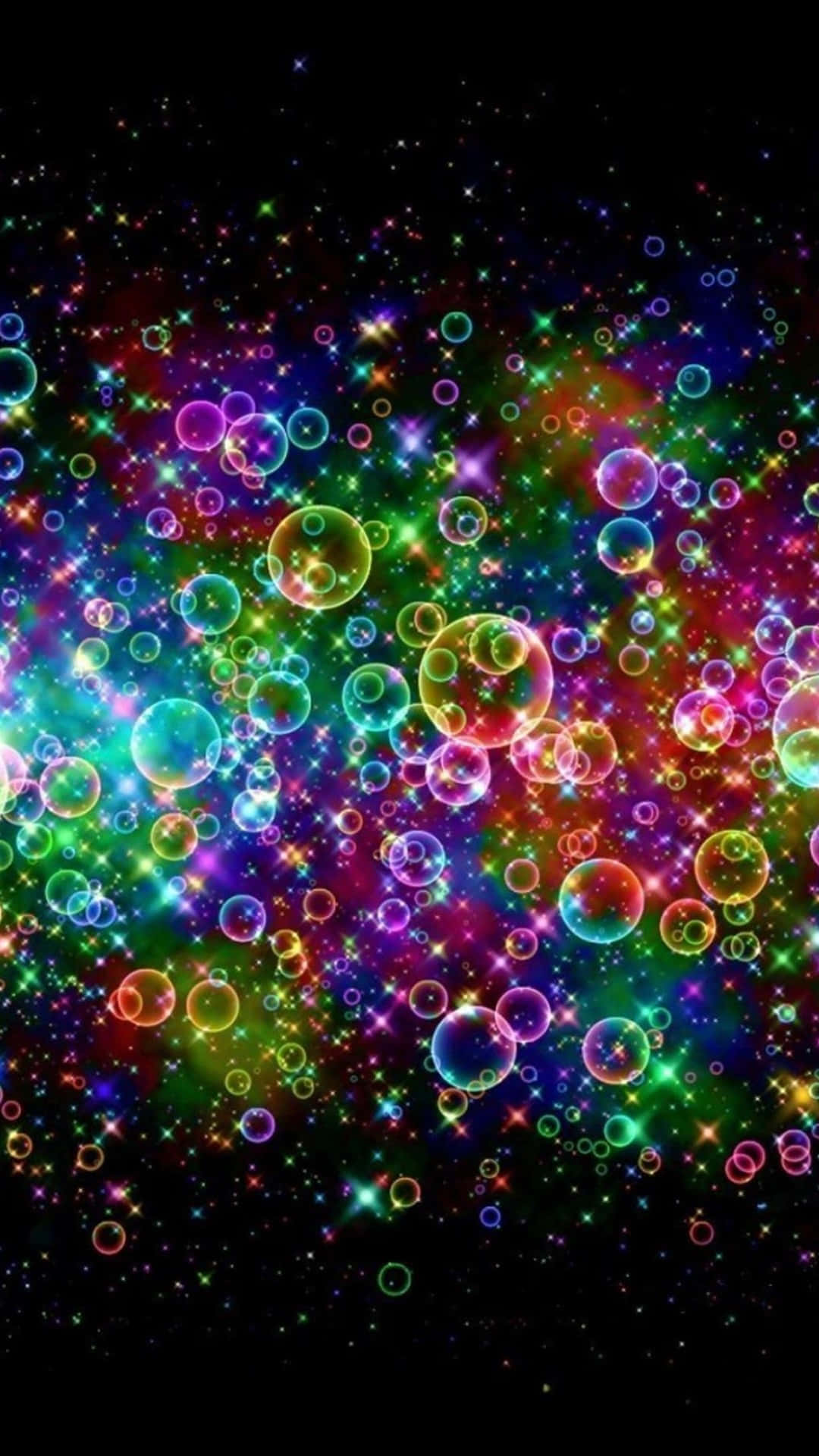 Galaxy Rainbow 桌布 壁紙 — 充滿活力的彩虹泡泡在閃爍的星星之間漂浮，背景是深邃的黑色宇宙。