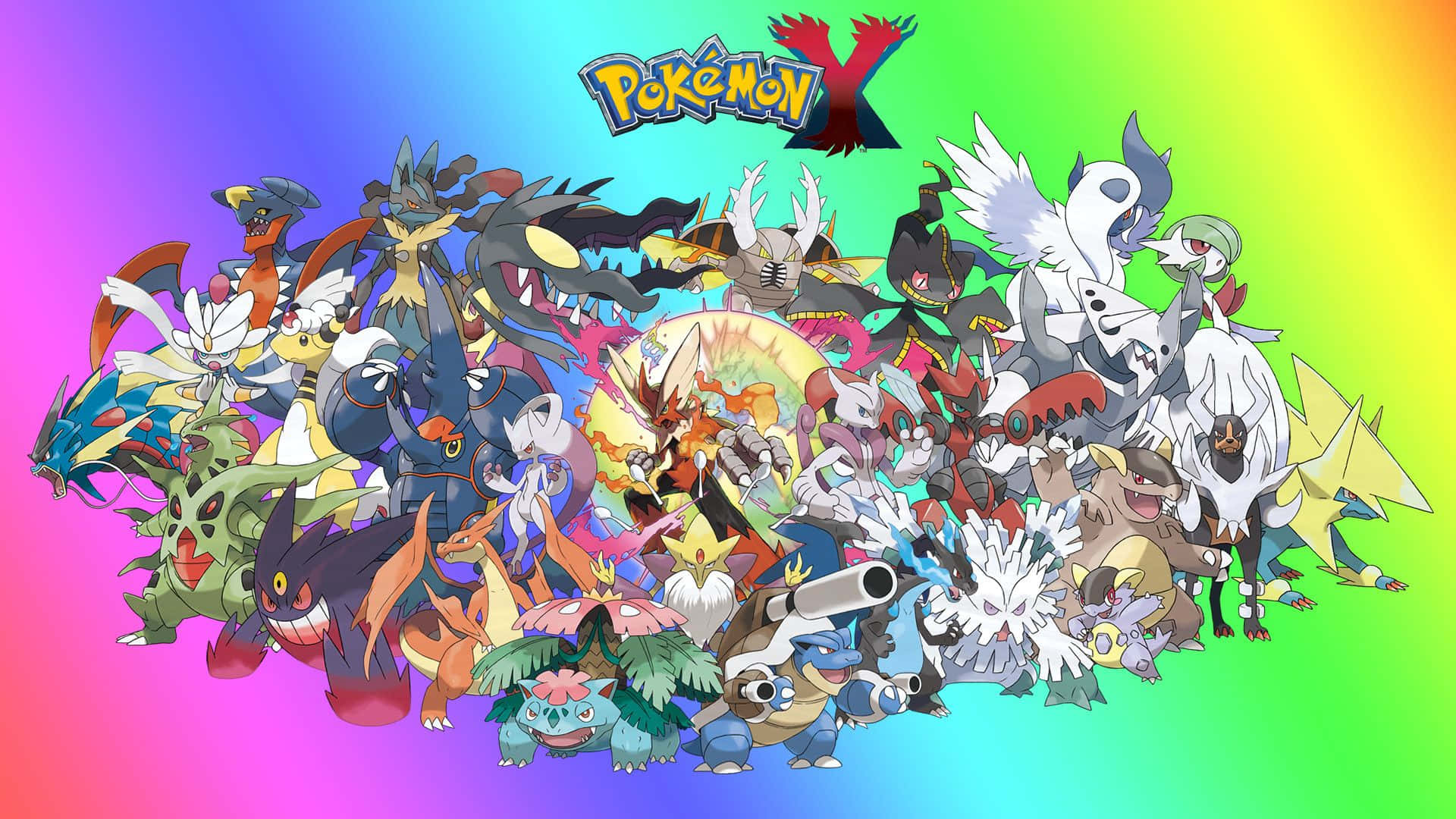 All Mega Pokemon 桌布 壁紙 — 充滿活力的彩虹漸層背景展示了密集的Pokémon X遊戲角色群體，姿勢動感十足。