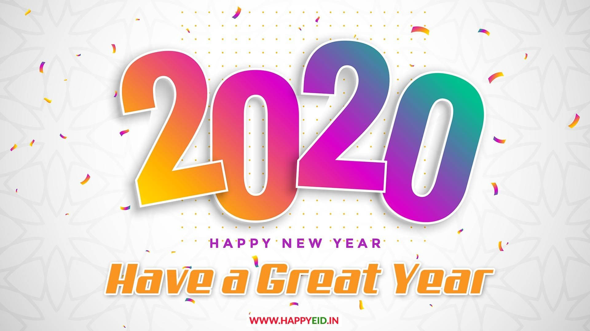 New 桌布 壁紙 — 充滿活力的彩虹漸變2020文字，帶有五彩紙屑和「Happy New Year」訊息，在圖案白色背景上。