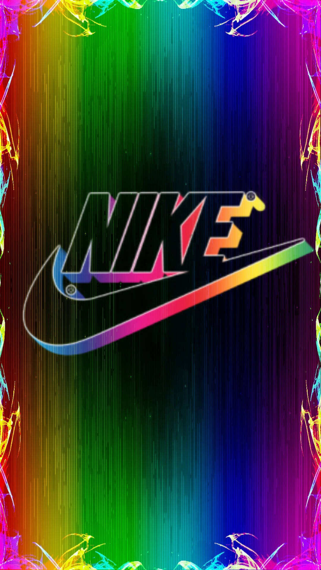 Nike iPhone 桌布 壁紙 — 充滿活力的彩虹漸變壁紙，帶有故障風格的Nike標誌、電光霓虹邊框和垂直條紋。