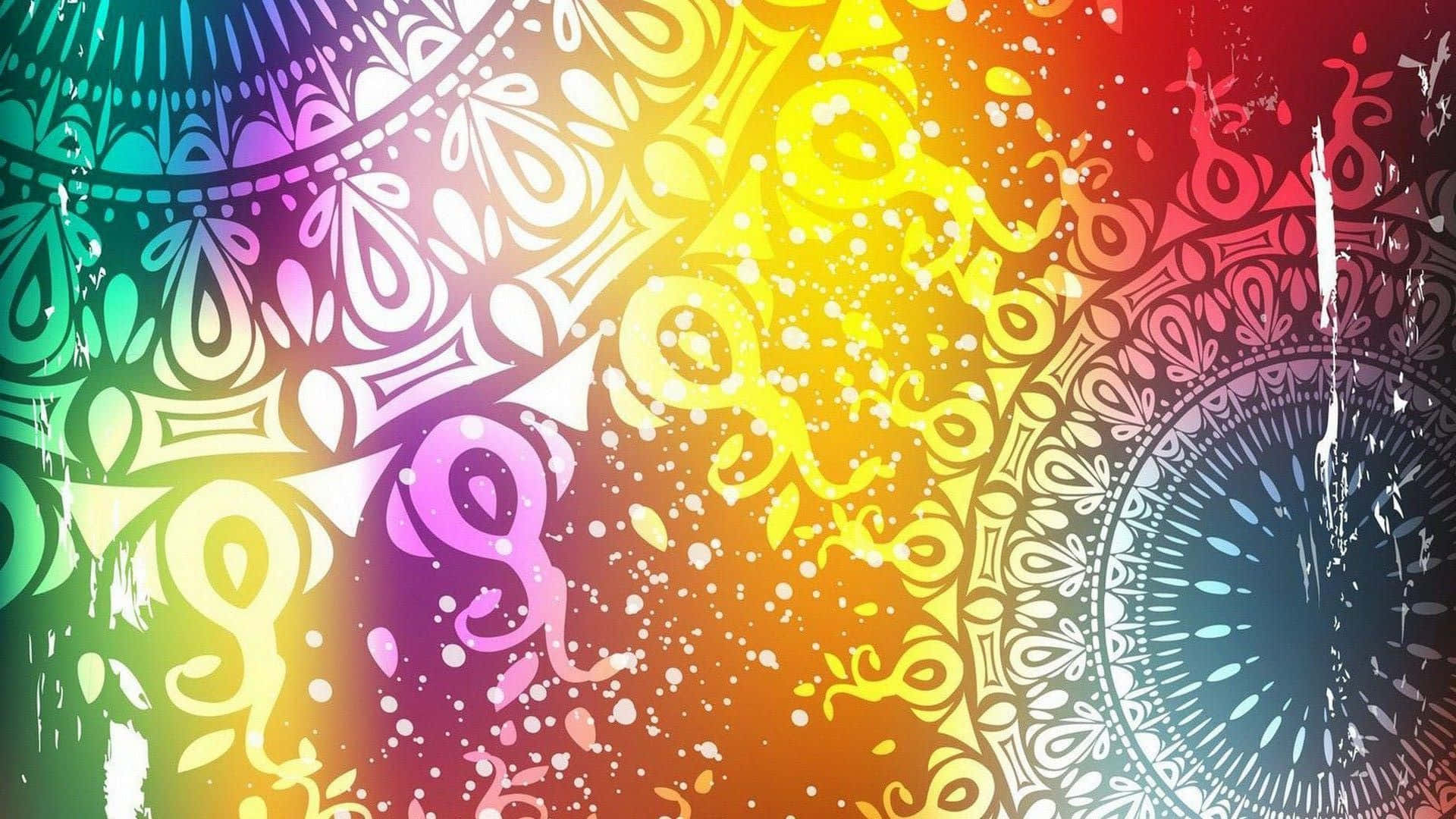 HD Amoled 桌布 壁紙 — 充滿活力的彩虹漸變壁紙，帶有複雜的白色曼陀羅圖案和閃爍的粒子。