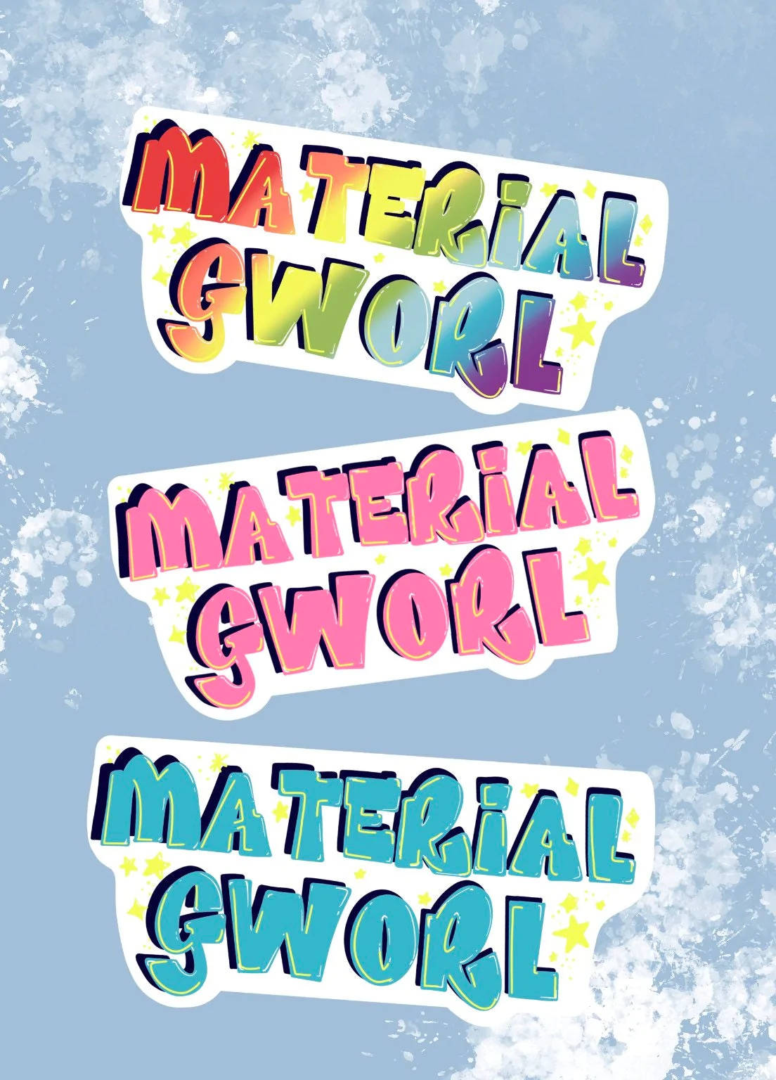 Material Gworl 桌布 壁紙 — 充滿活力的彩虹漸變文字貼紙，帶有星星點綴，漂浮在紋理淺藍色背景上。