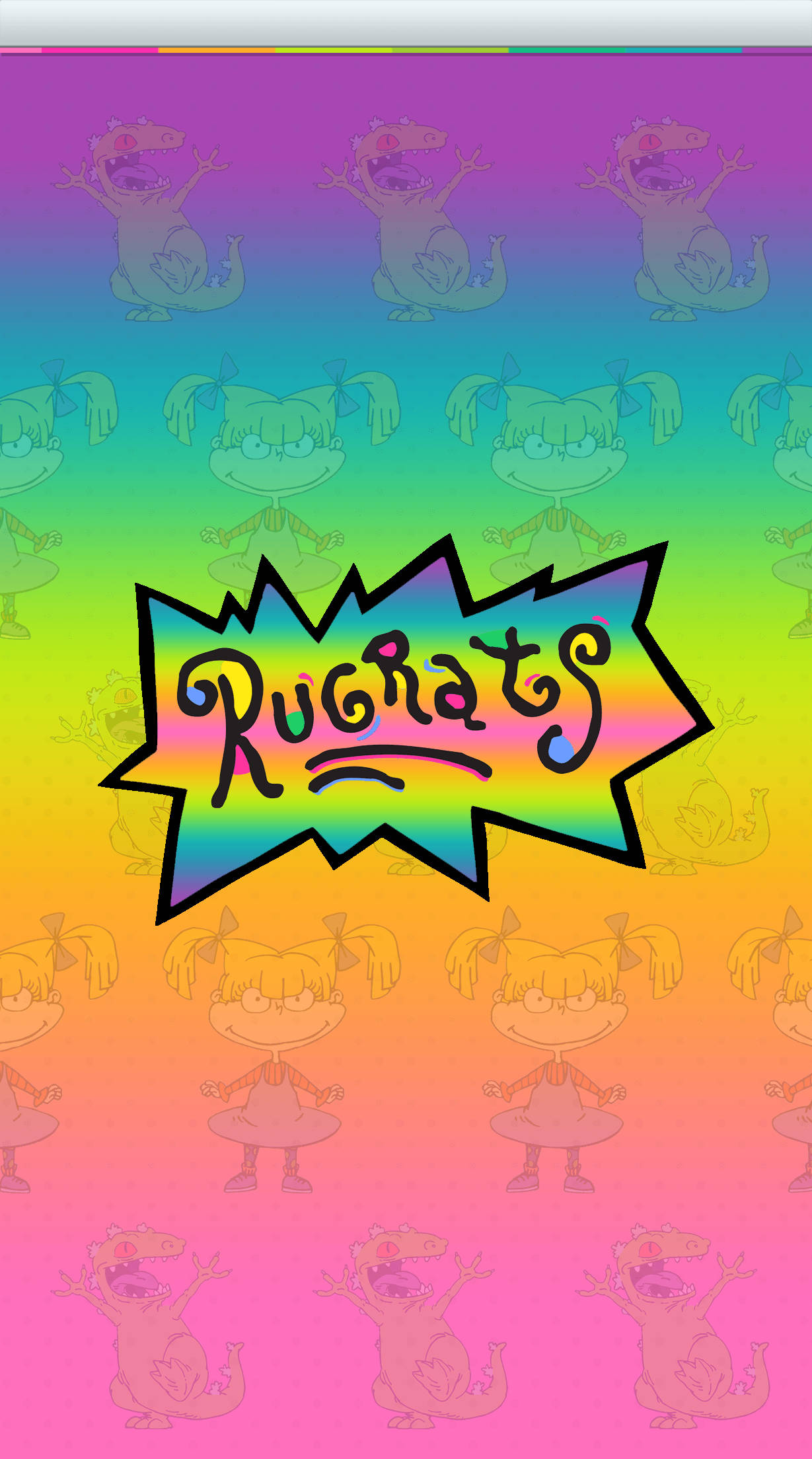 rugrats 桌布 壁紙 — 充滿活力的彩虹漸變桌布，以重複圖案呈現 Rugrats 角色和標誌。