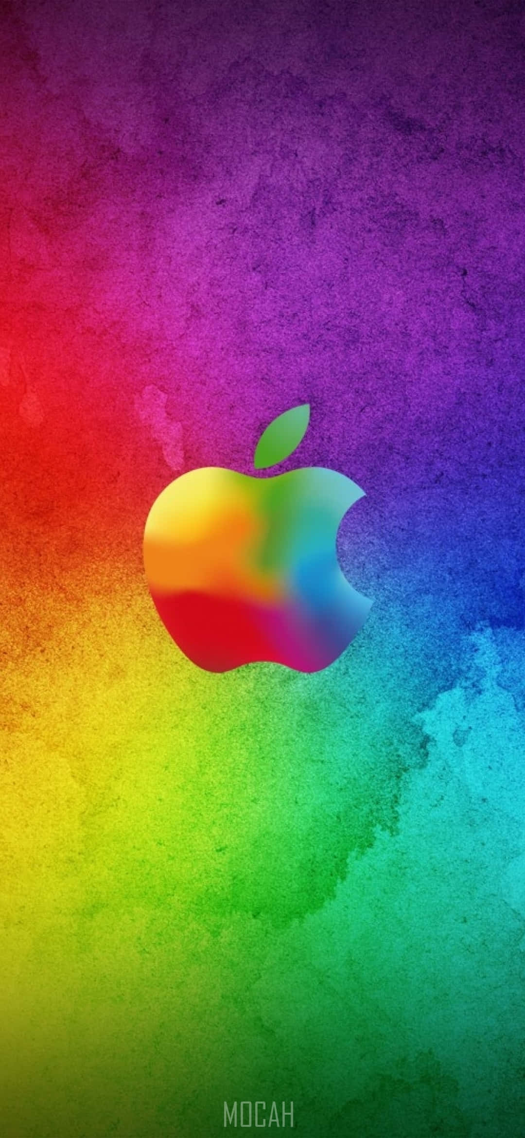 iOS 3 桌布 壁紙 — 充滿活力的彩虹漸變背景，中央有一個半透明的Apple標誌，帶有綠葉。