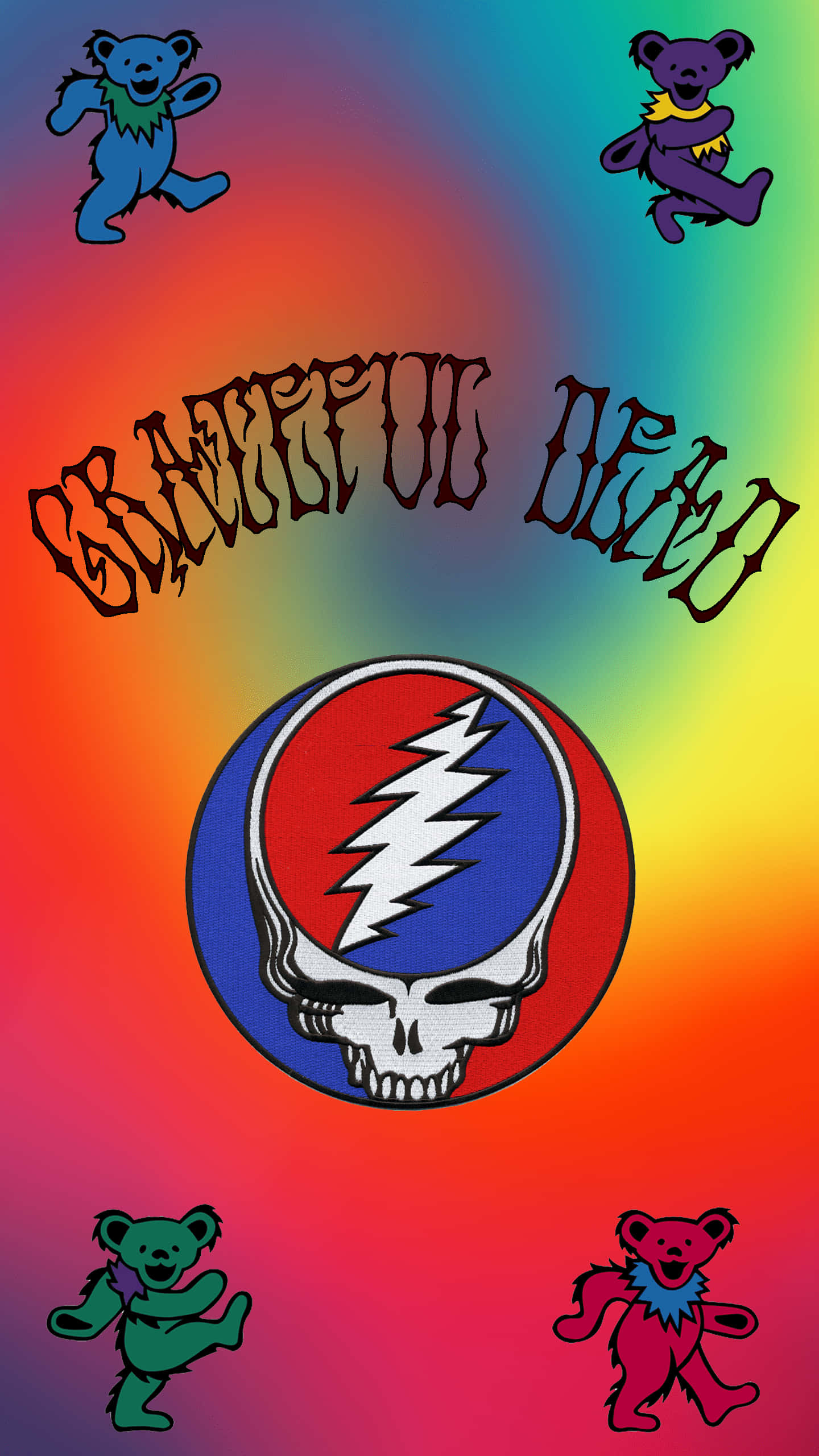 Grateful Dead iPhone 桌布 壁紙 — 充滿活力的彩虹漸變背景，帶有Grateful Dead標誌和迷幻色彩的跳舞熊。