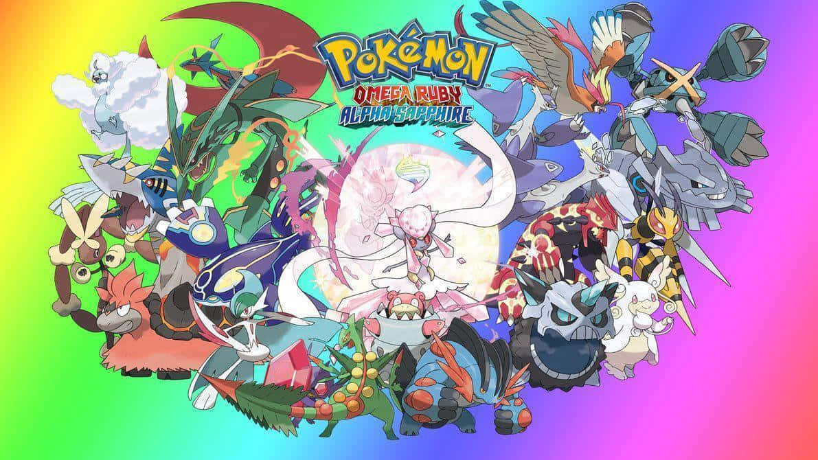 All Mega Pokemon 桌布 壁紙 — 充滿活力的彩虹漸變背景展示了來自《歐米加紅寶石／阿爾法藍寶石》的一組動態寶可夢角色。