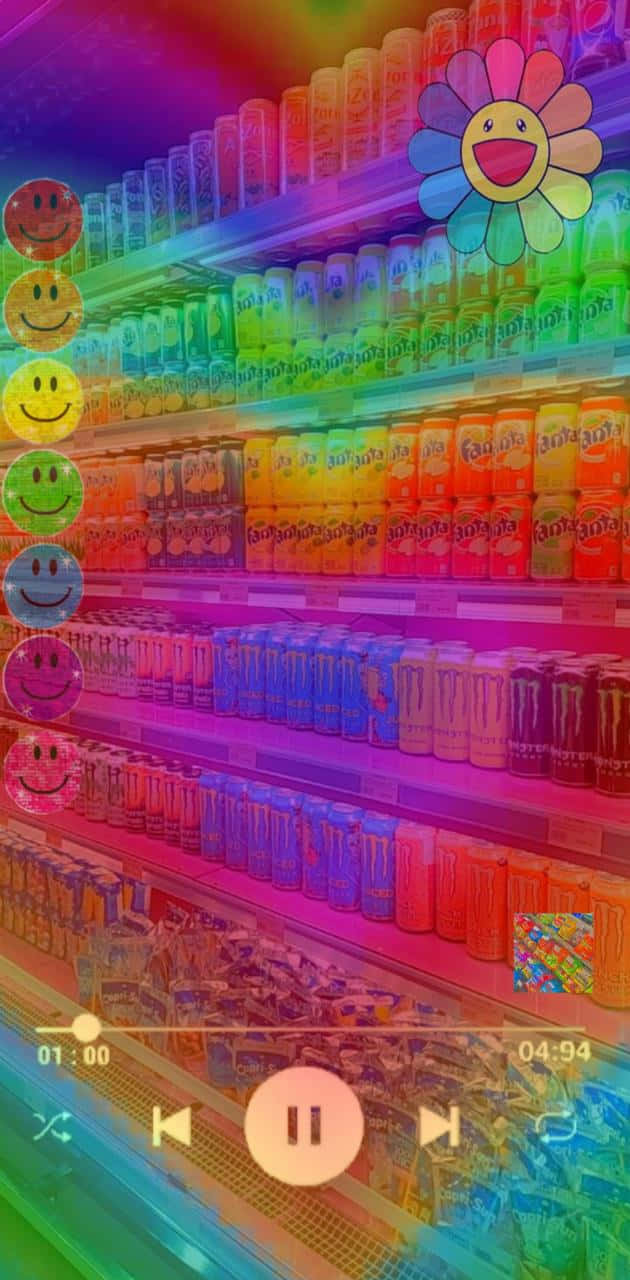 Kidcore 桌布 壁紙 — 充滿活力的彩虹燈光汽水貨架，配有微笑表情符號和歡快的花卉疊加圖案。