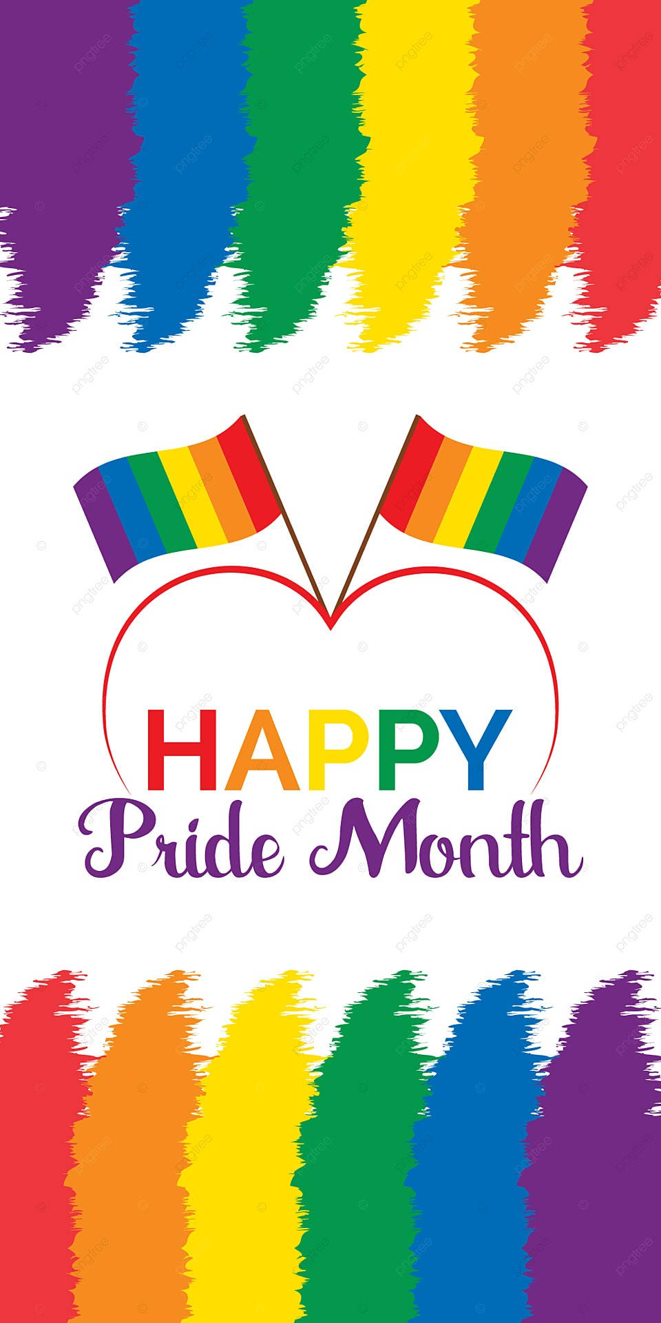LGBT 桌布 壁紙 — 充滿活力的彩虹筆觸框住兩面形成心形的驕傲旗幟，上方有色彩繽紛的「Happy Pride Month」文字。