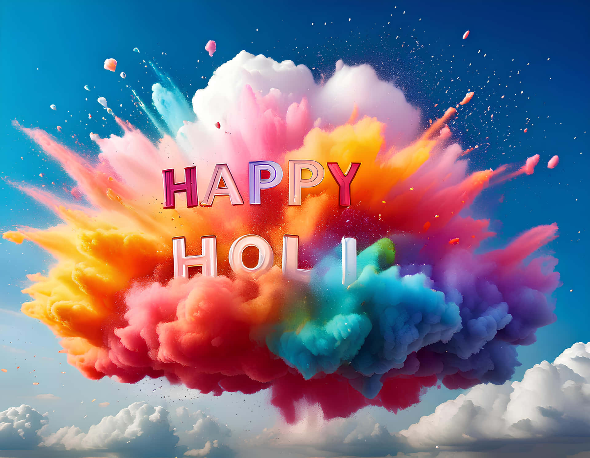 Happy Holi 壁紙 — 充滿活力的彩虹粉末爆炸形成雲朵，在藍天白雲背景下帶有「HAPPY HOLI」文字。