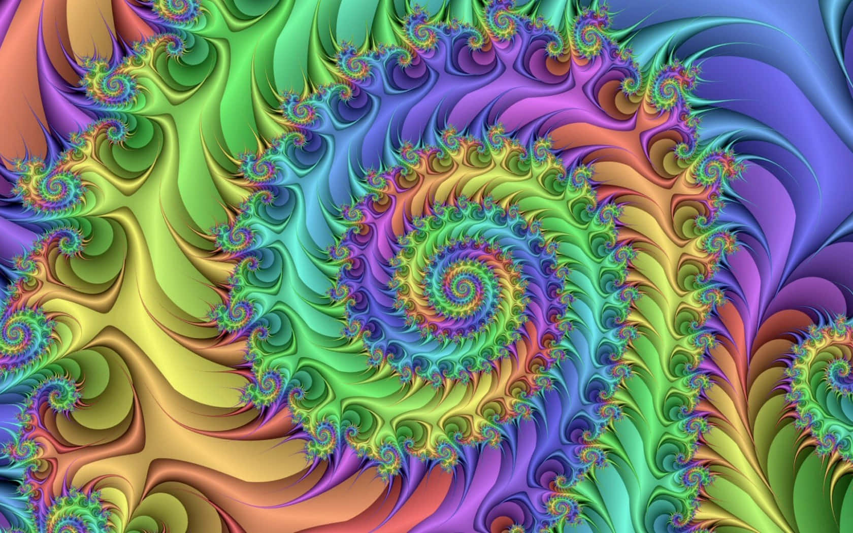 碎形 桌布 壁紙 — 充滿活力的彩虹色分形螺旋在畫布上動態旋轉，形成迷人的數位圖案。