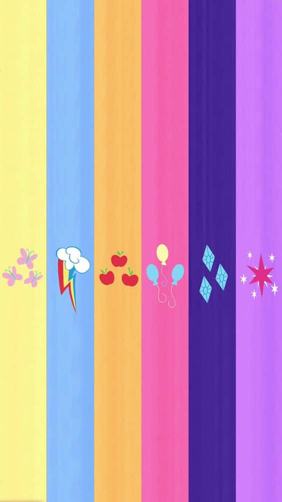 Mlp Phone 桌布 壁紙 — 充滿活力的彩虹色垂直條紋，每條都飾有代表角色元素的獨特卡通圖標。