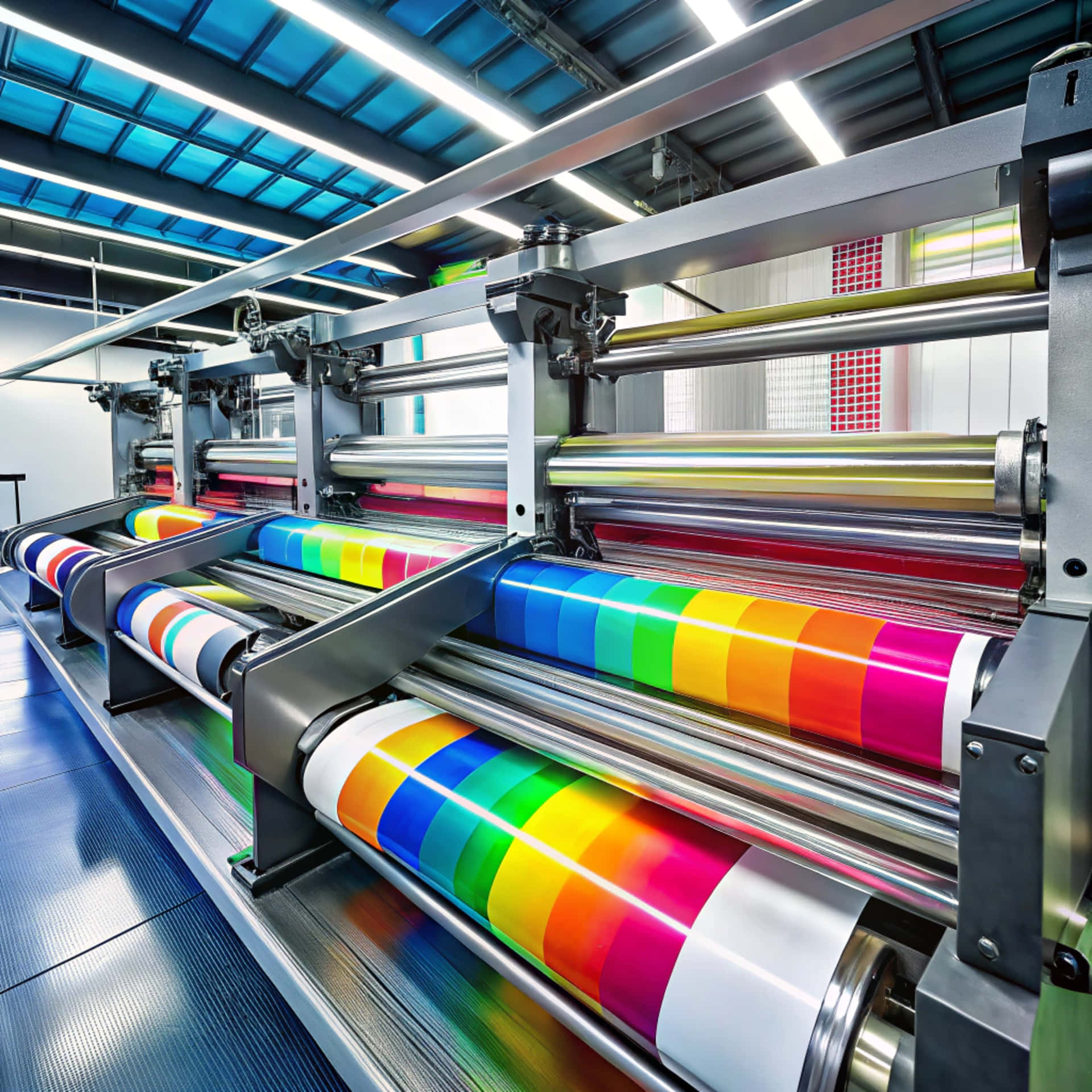 Modern printing press produces multi colored printouts accurately 壁紙 — 充滿活力的彩虹色墨輥在明亮的螢光燈下穿過現代工業印刷機。
