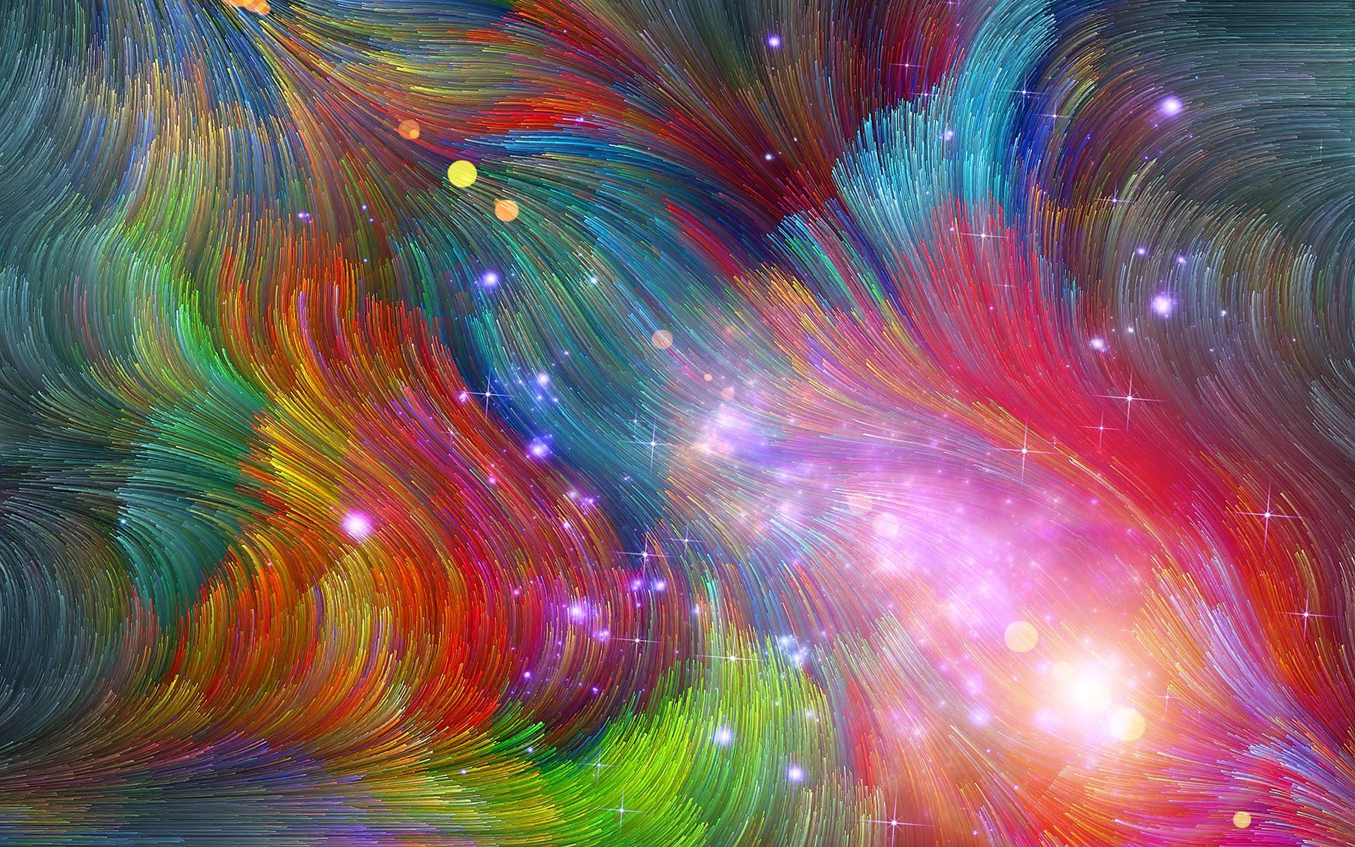 銀河 桌布 壁紙 — 充滿活力的彩虹色宇宙漩渦劃過星場，帶有發光球體和閃爍粒子。