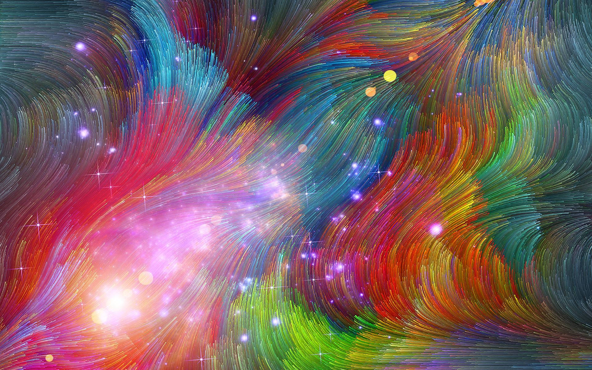 嬉皮 桌布 壁紙 — 充滿活力的彩虹色宇宙漩渦和發光的星星形成了一個動態的抽象星系場景。