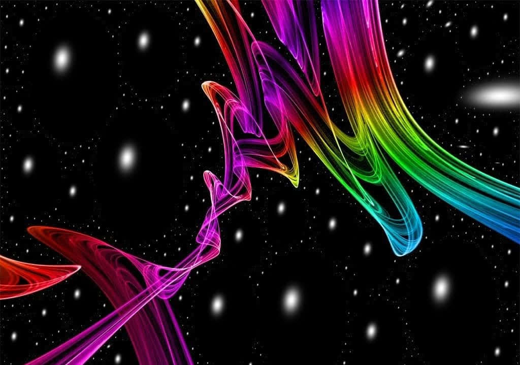 Funky 桌布 壁紙 — 充滿活力的彩虹色宇宙絲帶在深空星場背景下動態流動。