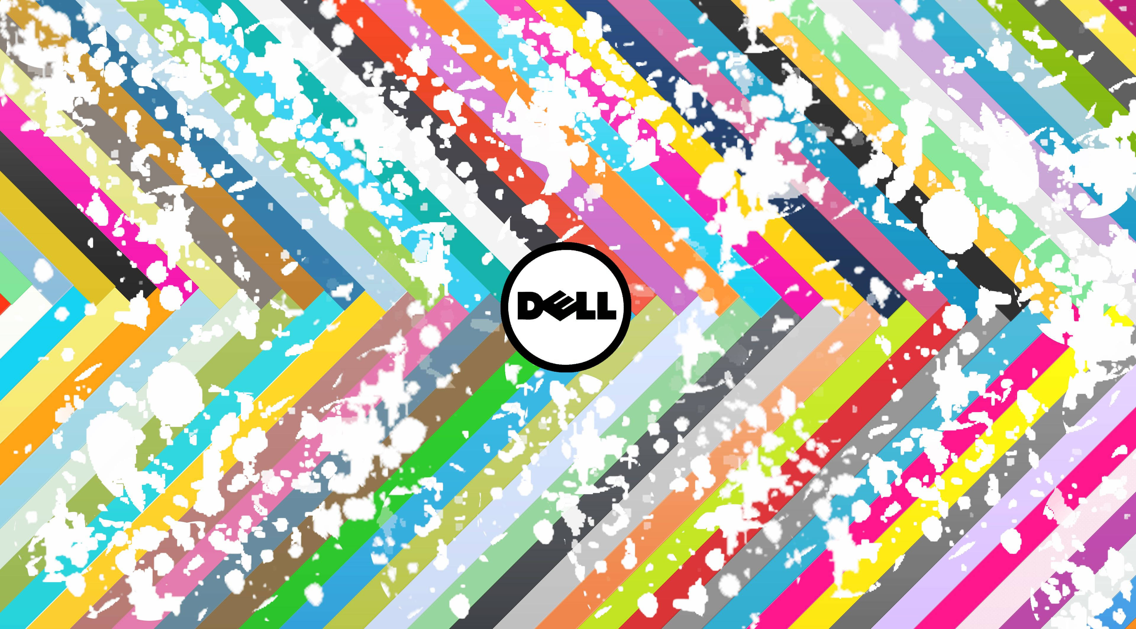 Dell 桌布 壁紙 — 充滿活力的彩虹色對角條紋，濺上白色油漆，圍繞著中央的Dell標誌。