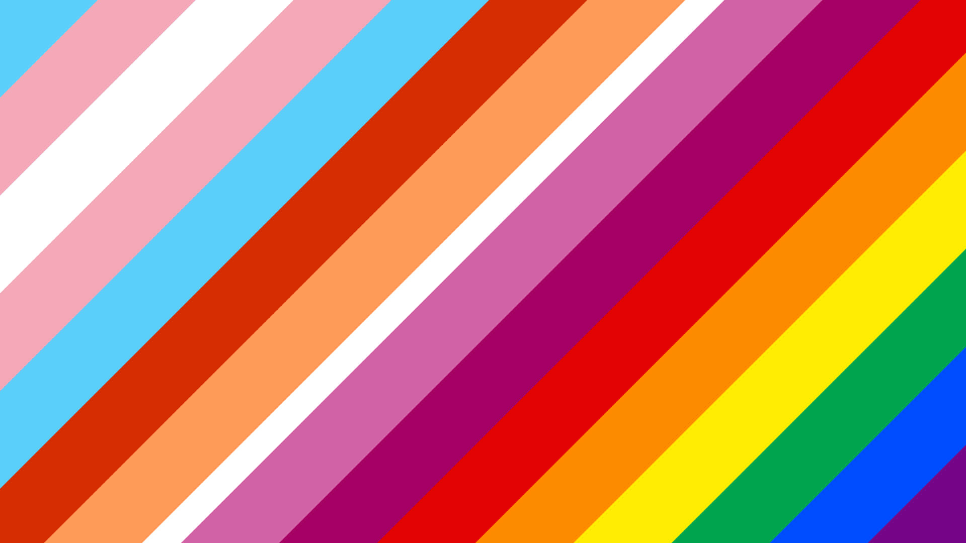 Pride Zoom 桌布 壁紙 — 充滿活力的彩虹色對角線條紋，搭配白色點綴，創造出大膽的幾何圖案。