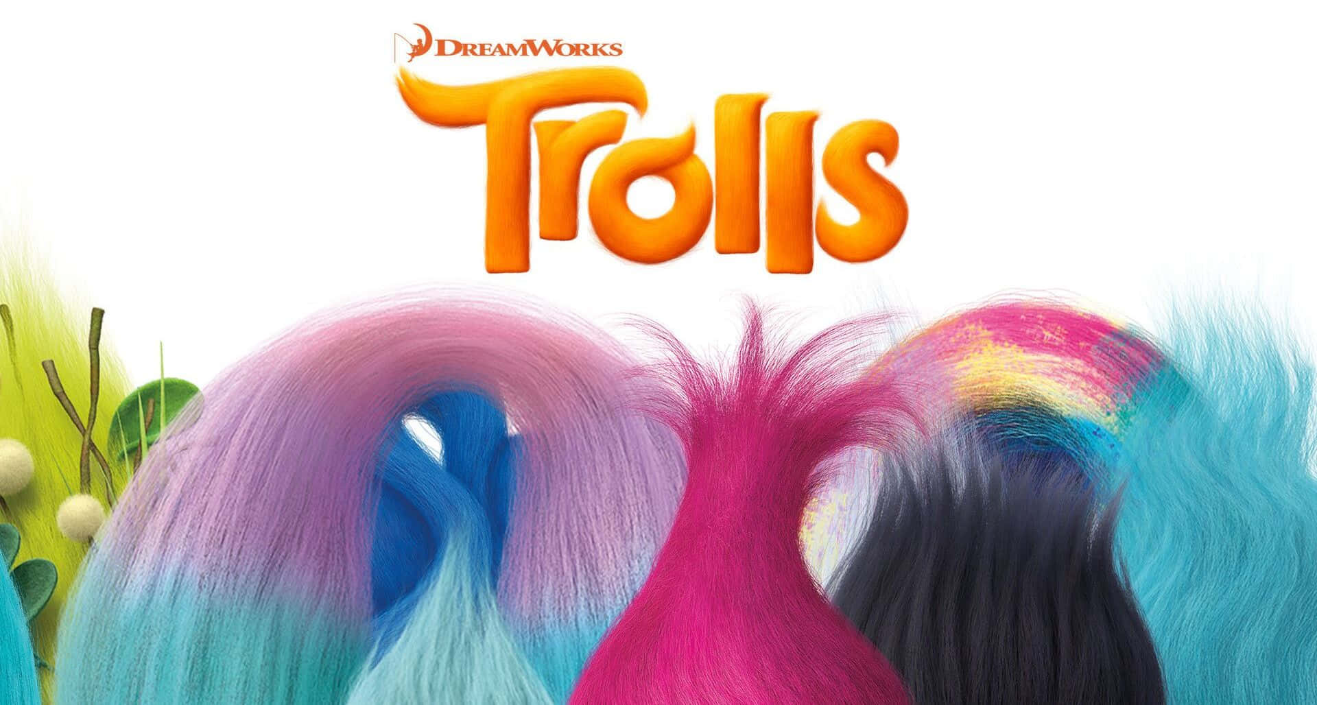 魔髮精靈 桌布 壁紙 — 充滿活力的彩虹色巨魔頭髮在DreamWorks Trolls標誌下方歡快地傾瀉而下。