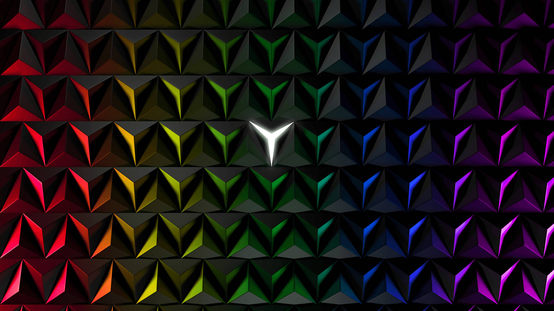 RGB 桌布 壁紙 — 充滿活力的彩虹色幾何金字塔圖案，中央有一個發光的白色三角形標誌。