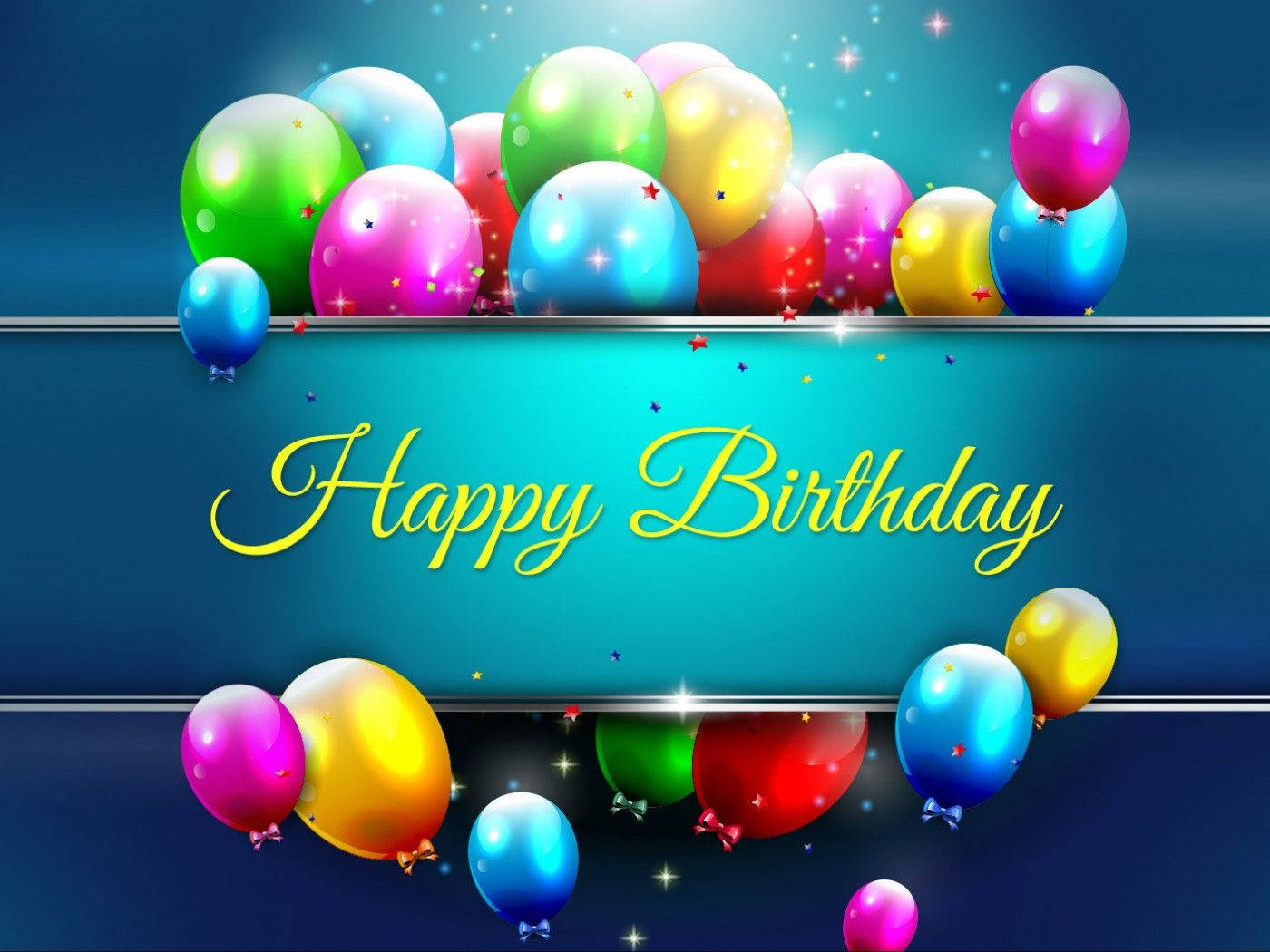 生日快樂 桌布 壁紙 — 充滿活力的彩虹色氣球漂浮在金色「Happy Birthday」橫幅周圍，背景是閃爍的藍色漸變。