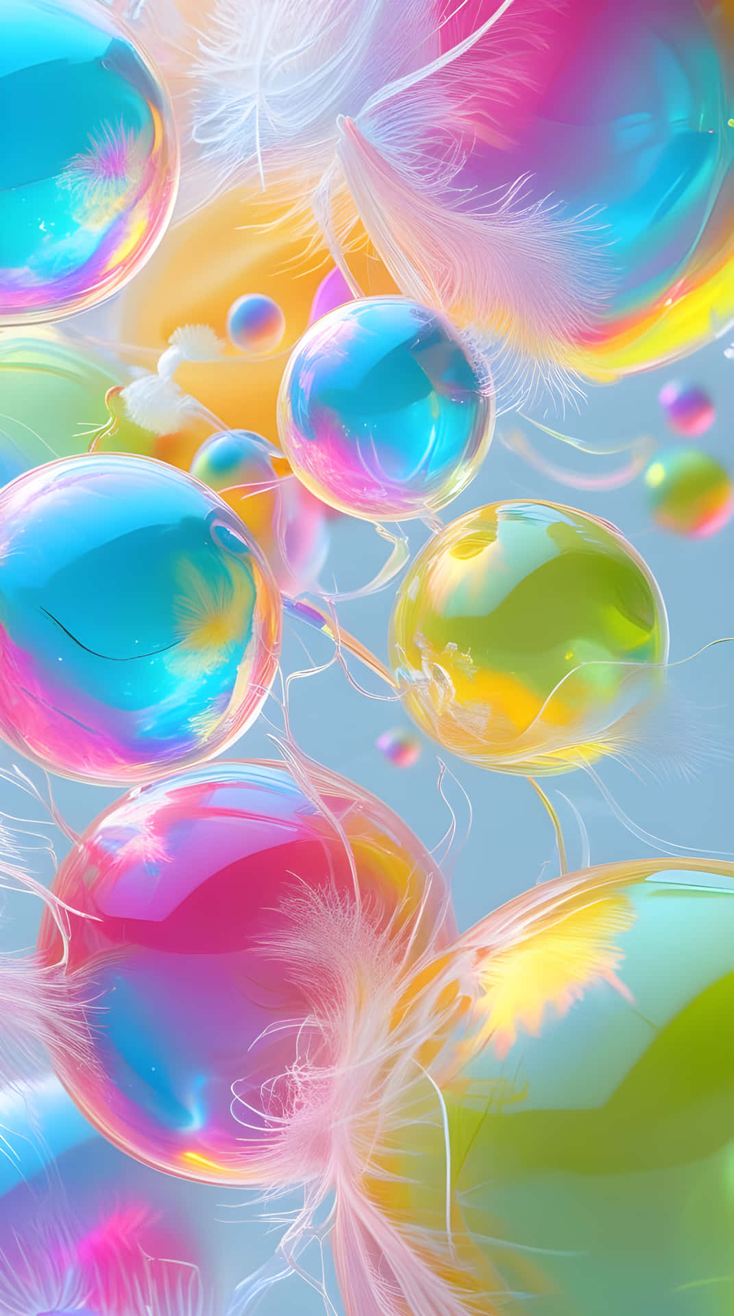 Beautiful bubble abstract 壁紙 — 充滿活力的彩虹色泡泡漂浮在柔軟的白色羽毛之間，背景是粉彩漸變的天空。