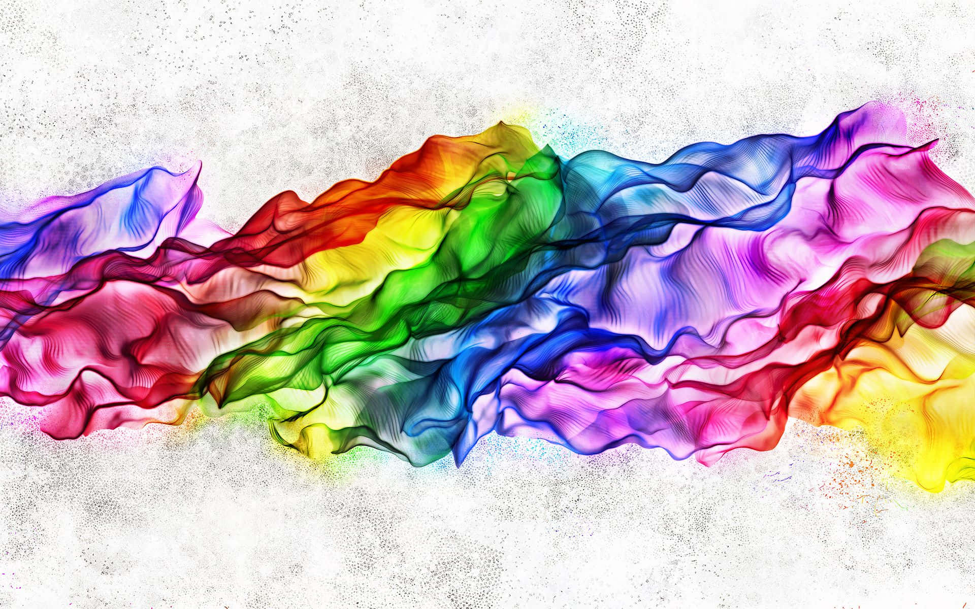 桌布 壁紙 — 充滿活力的彩虹色流動布料波浪在紋理白色背景上蕩漾。