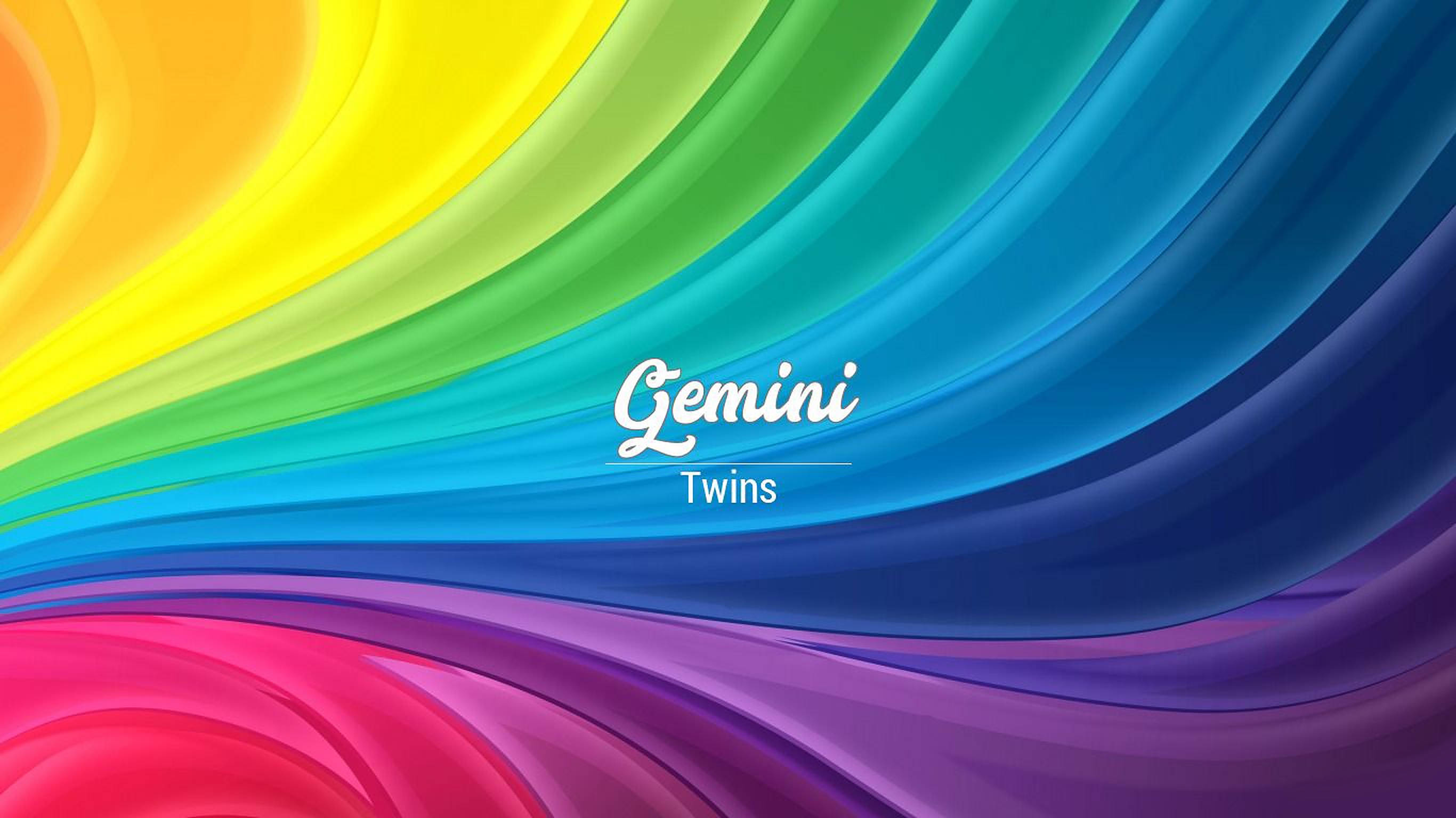 gemini 桌布 壁紙 — 充滿活力的彩虹色流動波浪形成動態抽象背景，文字 Gemini Twins 以優雅白色字體居中。