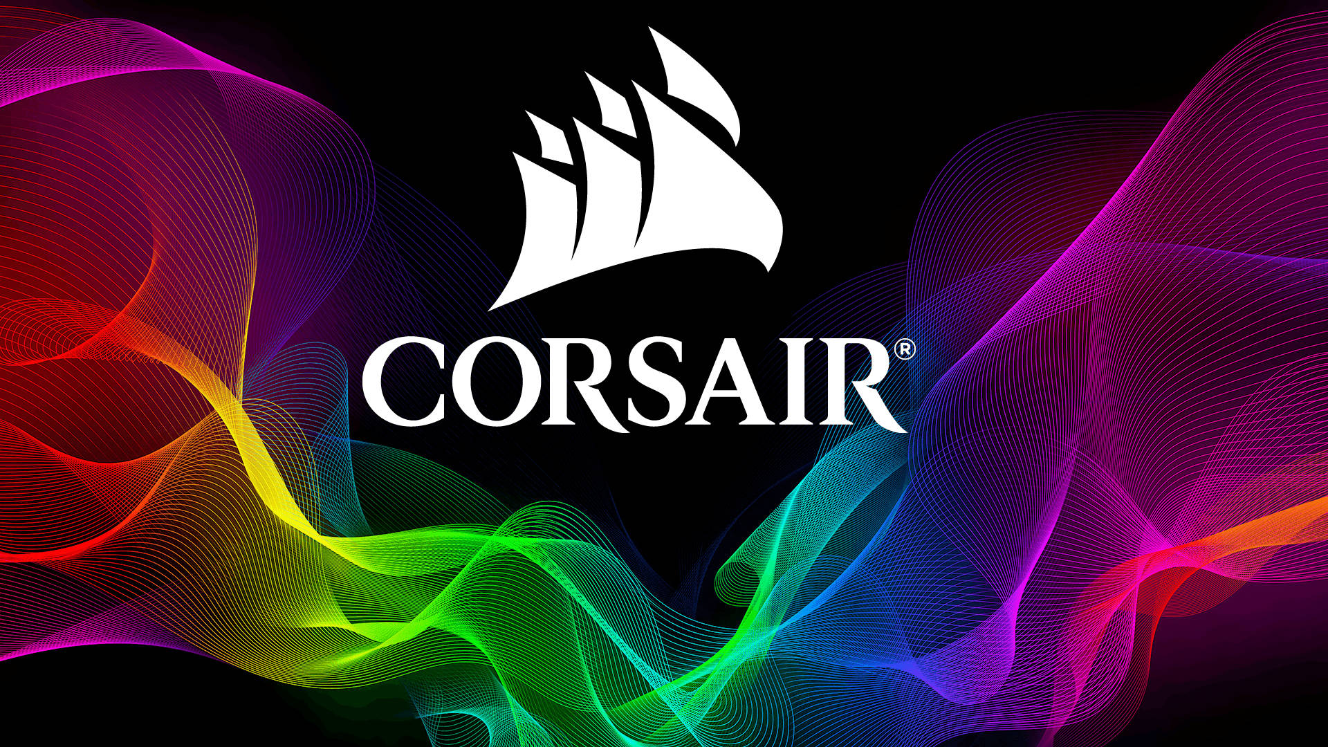 RGB 桌布 壁紙 — 充滿活力的彩虹色流動線條在黑色背景上圍繞白色 Corsair 標誌動態旋轉。