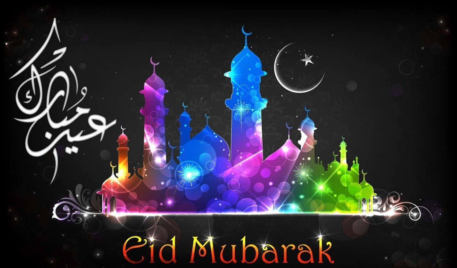 Eid Mubarak 桌布 壁紙 — 充滿活力的彩虹色清真寺輪廓在繁星點點的夜空下閃耀，伴隨著新月和Eid Mubarak文字。