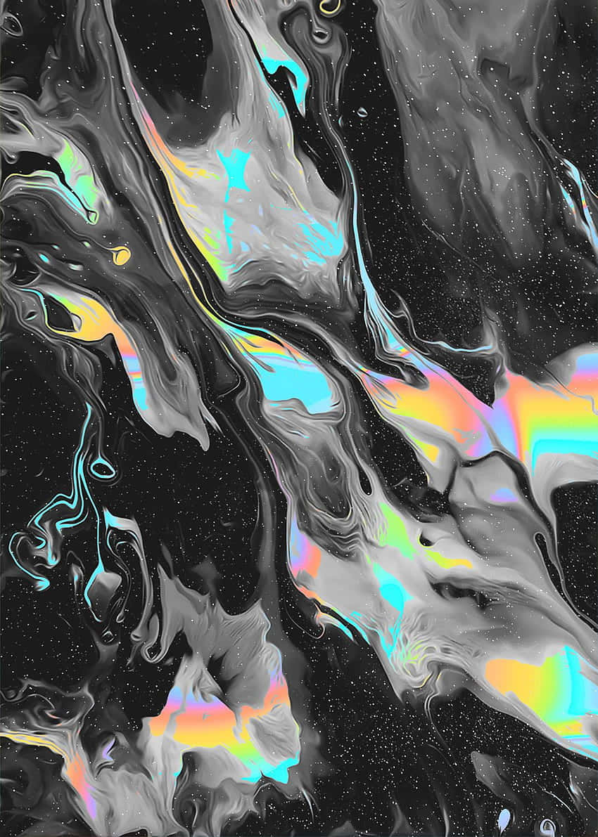 桌布 壁紙 — 充滿活力的彩虹色漩渦在帶有斑點的黑色宇宙背景上動態流動。