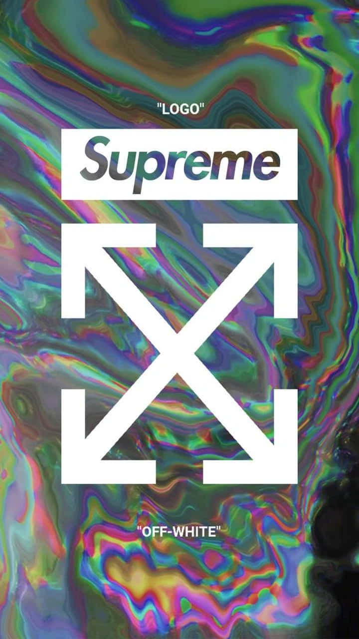 Off White iPhone 桌布 壁紙 — 充滿活力的彩虹色漩渦形成迷幻背景，襯托出大膽的白色 Supreme 和 Off-White 標誌。