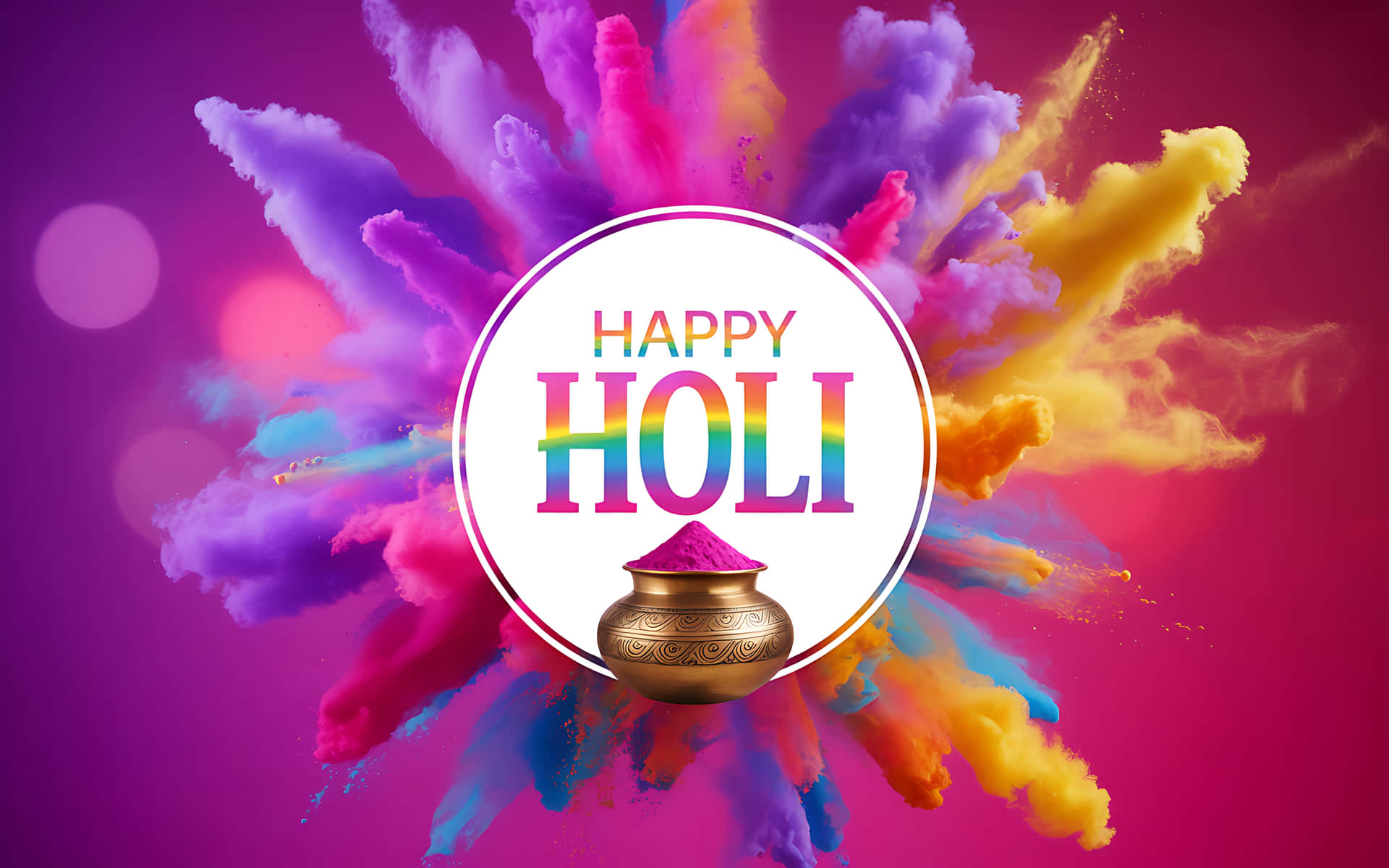 Vibrant holi celebration with colorful powder explosion 壁紙 — 充滿活力的彩虹色粉末在白色圓圈周圍爆炸，帶有「HAPPY HOLI」文字和一個裝滿粉紅色粉末的金色罐子。
