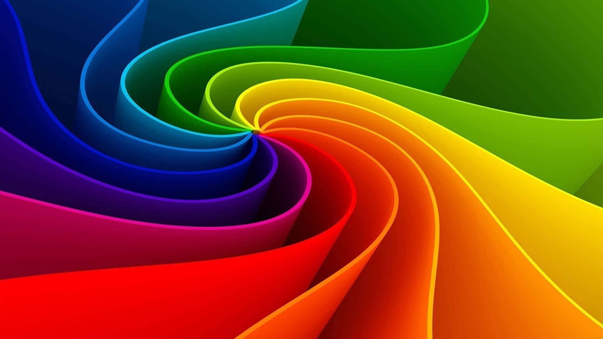 Rainbow Colours 桌布 壁紙 — 充滿活力的彩虹色絲帶向內螺旋，形成動態抽象圖案，帶有平滑漸變和大膽色調。