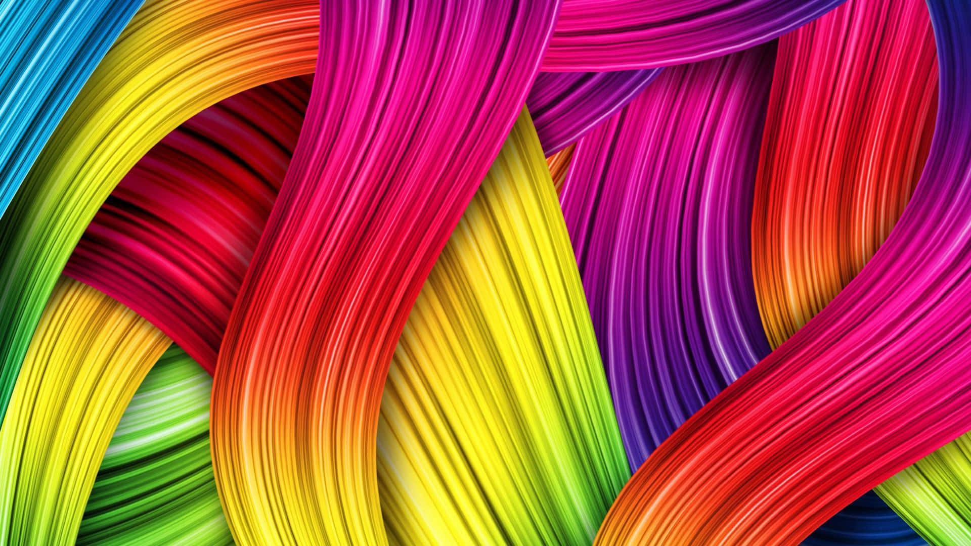 Rainbow Colours 桌布 壁紙 — 充滿活力的彩虹色絲帶在動態抽象圖案中扭轉流動，帶有光澤高光。