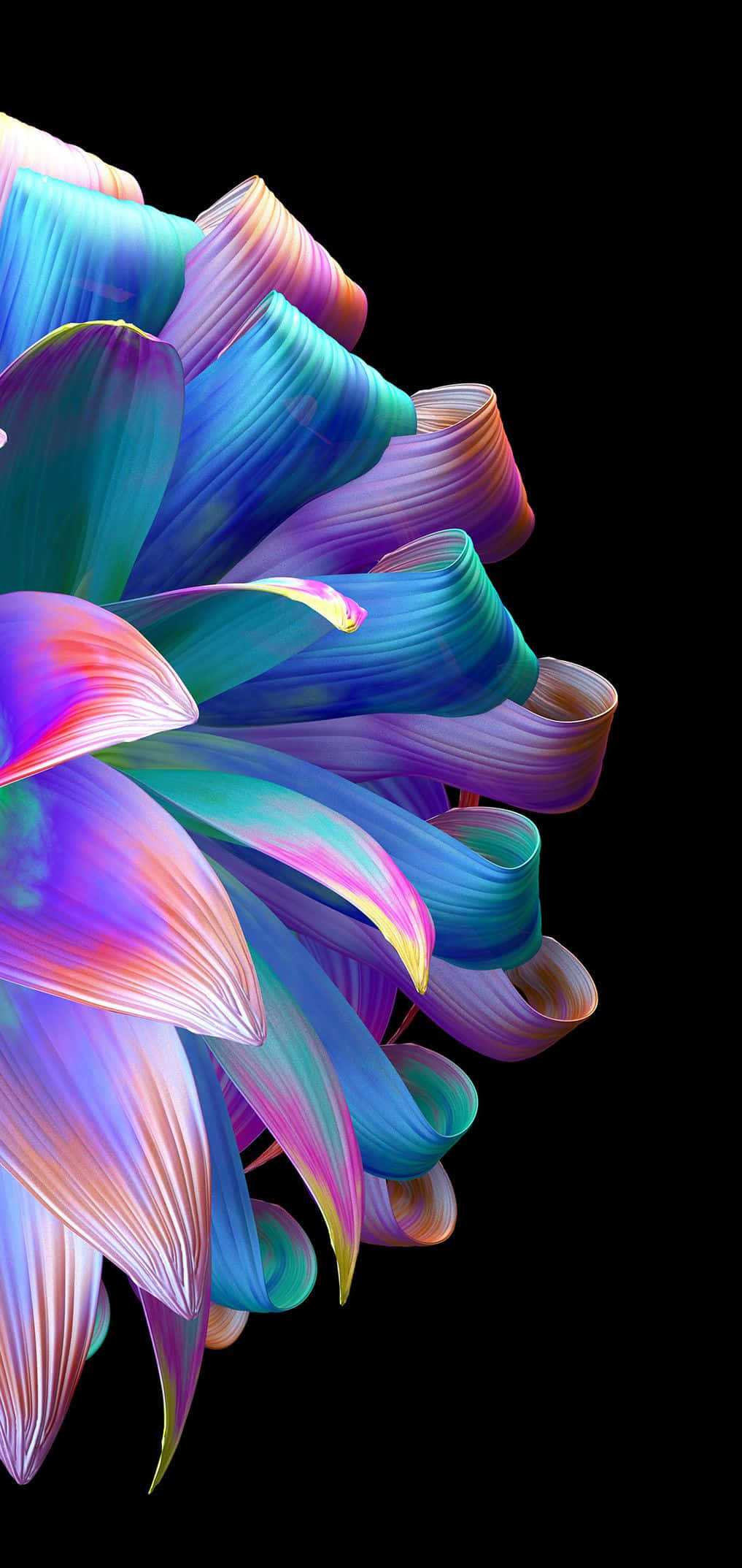 Android Oled 桌布 壁紙 — 充滿活力的彩虹色絲帶在純黑色背景上形成動態的抽象爆發漩渦。