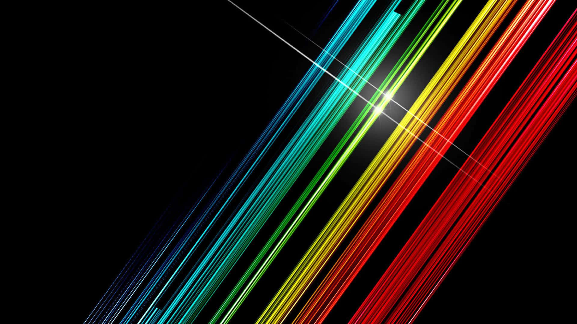 Beautiful Abstract 桌布 壁紙 — 充滿活力的彩虹色調對角光線從明亮的星爆中迸發出來，映襯在純黑色的虛空中。
