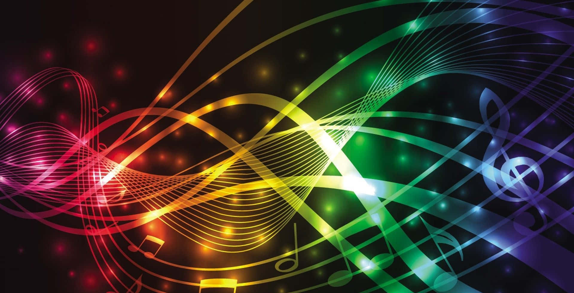 Musical 桌布 壁紙 — 充滿活力的彩虹色音符和流動線條在黑暗背景上舞動，伴隨著發光粒子。