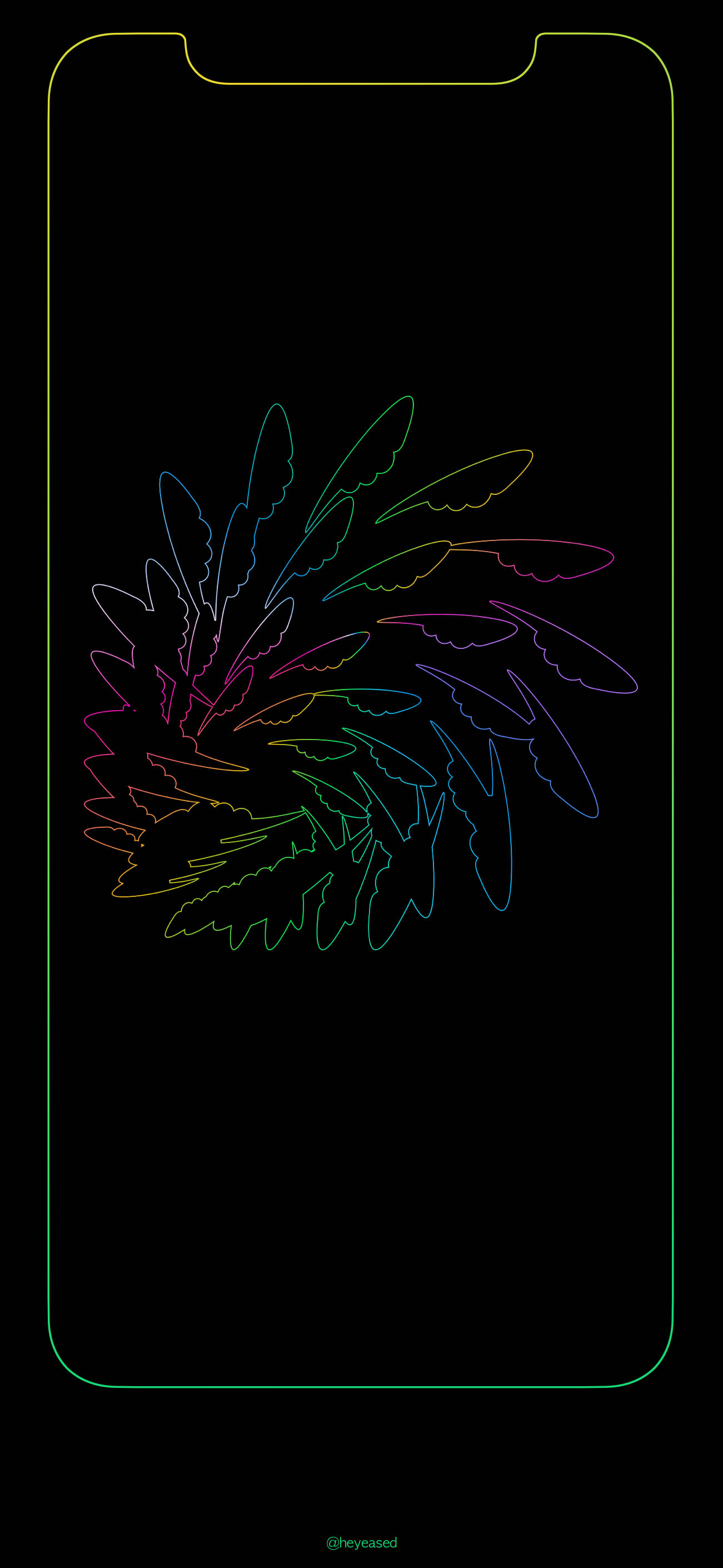 Outline 桌布 壁紙 — 充滿活力的彩虹輪廓抽象葉狀形狀從中心輻射出來，背景為黑色手機螢幕。