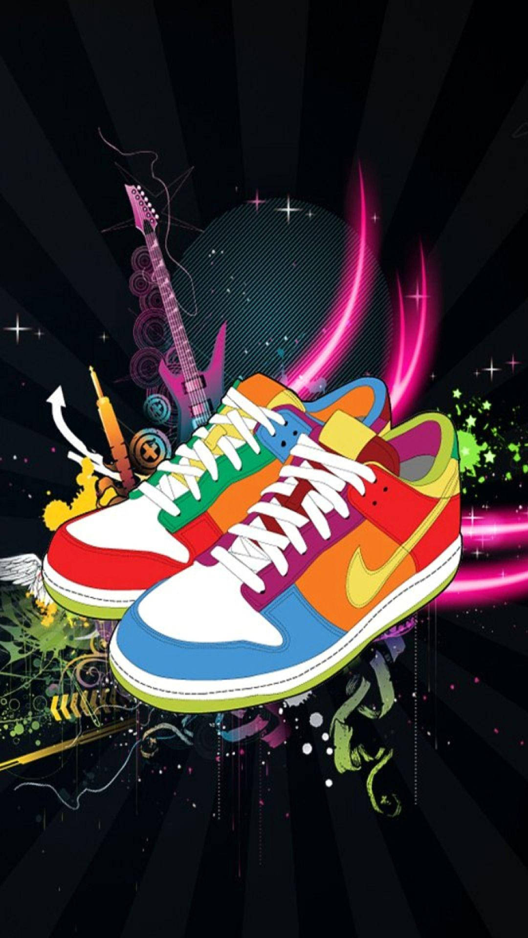 Nike iPhone 桌布 壁紙 — 充滿活力的彩虹運動鞋在帶有霓虹燈光和樂器的宇宙黑色背景上爆發能量。