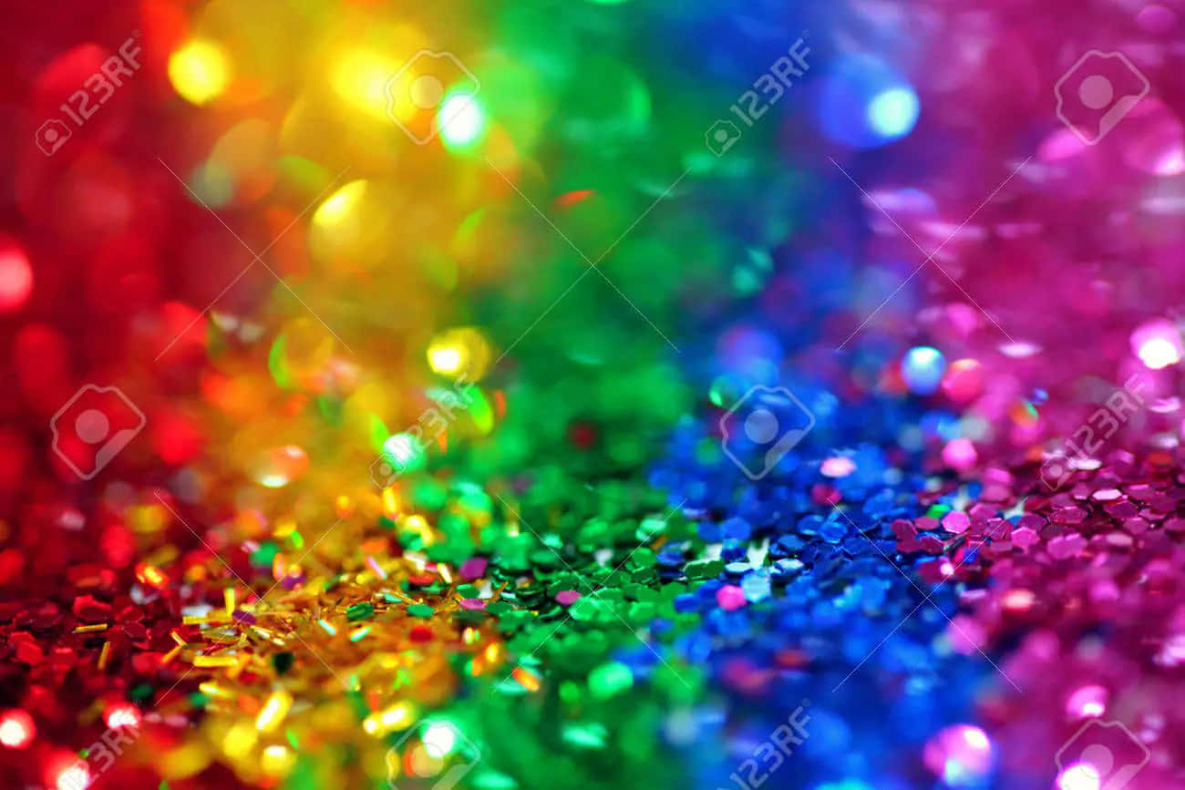 Rainbow Glitter 桌布 壁紙 — 充滿活力的彩虹閃粉在淺景深中閃爍，營造出耀眼多彩的抽象背景。