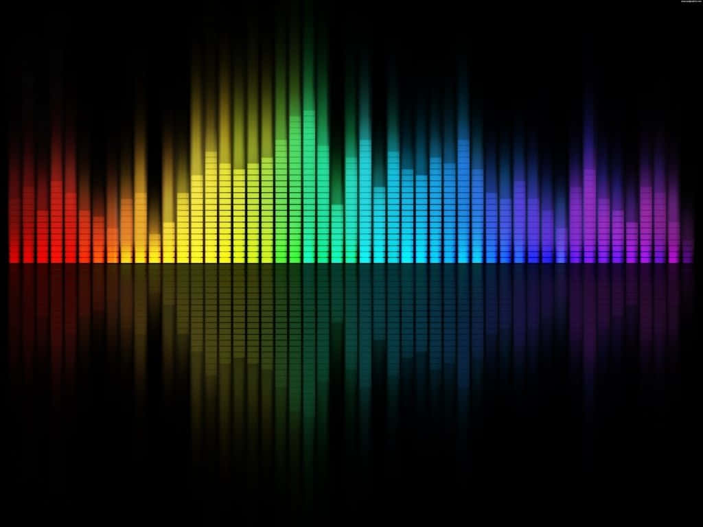 Pop Music 桌布 壁紙 — 充滿活力的彩虹音頻均衡器條在黑色背景上脈動，帶有鏡面反射。