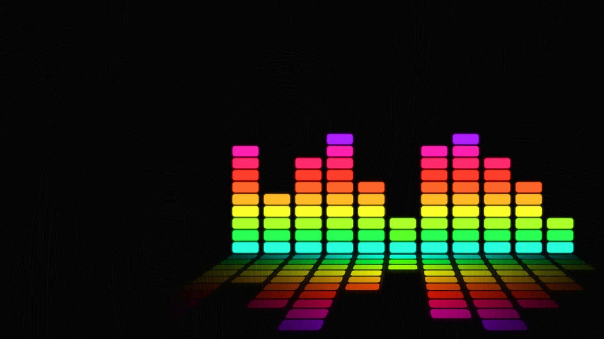 Musical 桌布 壁紙 — 充滿活力的彩虹音頻均衡器條在黑色背景上發光，投射出色彩繽紛的反射。