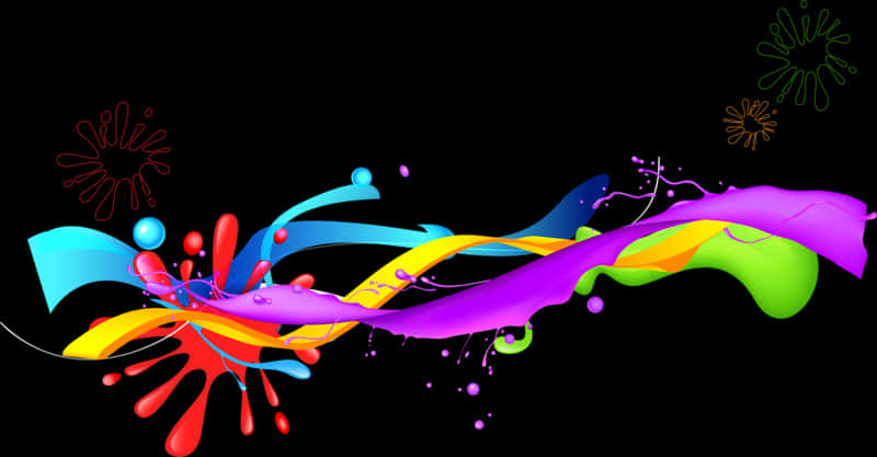 Colorful Aesthetic 桌布 壁紙 — 充滿活力的彩虹顏料飛濺在純黑色背景上動態流動，帶有發光的飛濺點綴。
