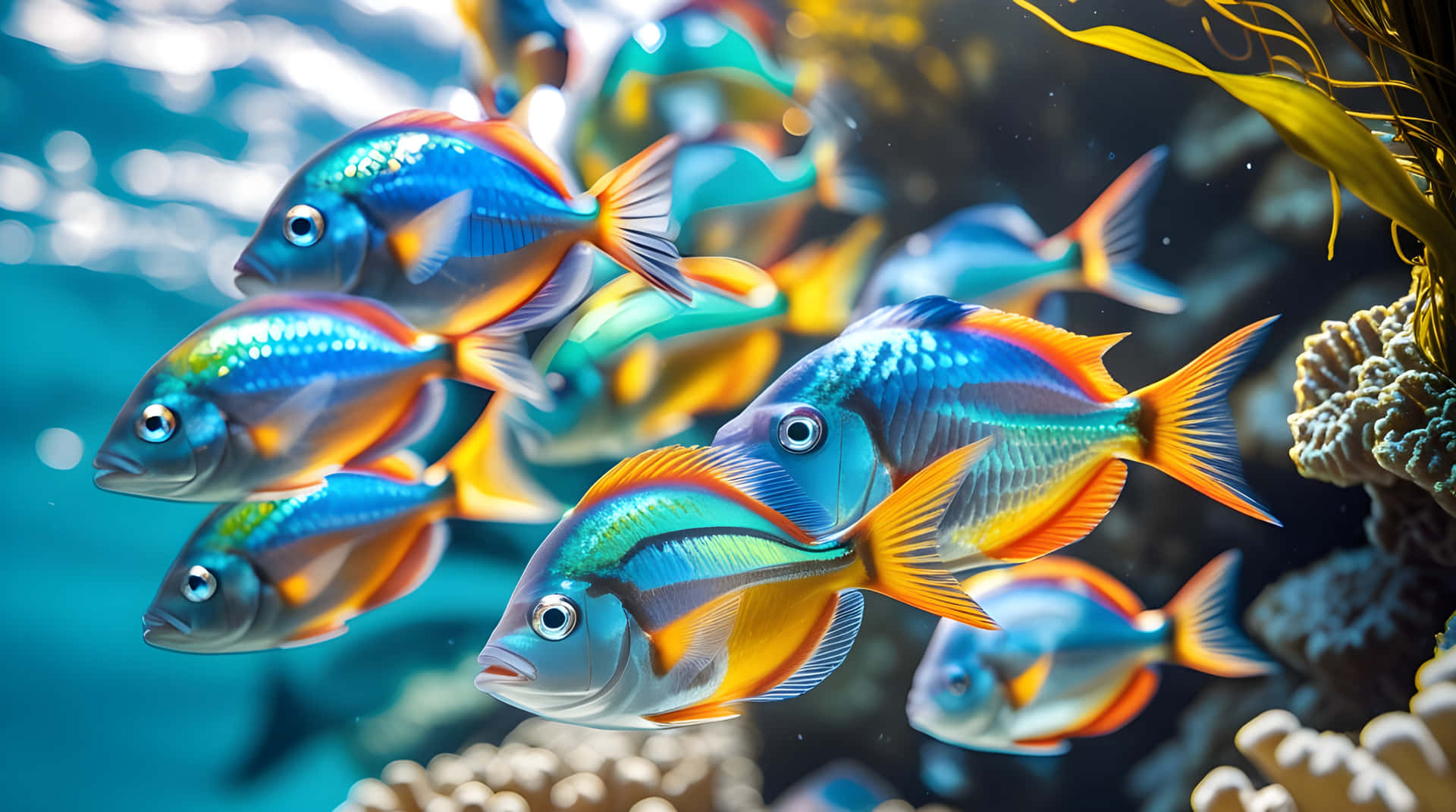 Beautiful fish in the sea 壁紙 — 充滿活力的彩虹魚在陽光照耀的珊瑚礁中游動，金色的海藻在碧綠的海水中搖曳。